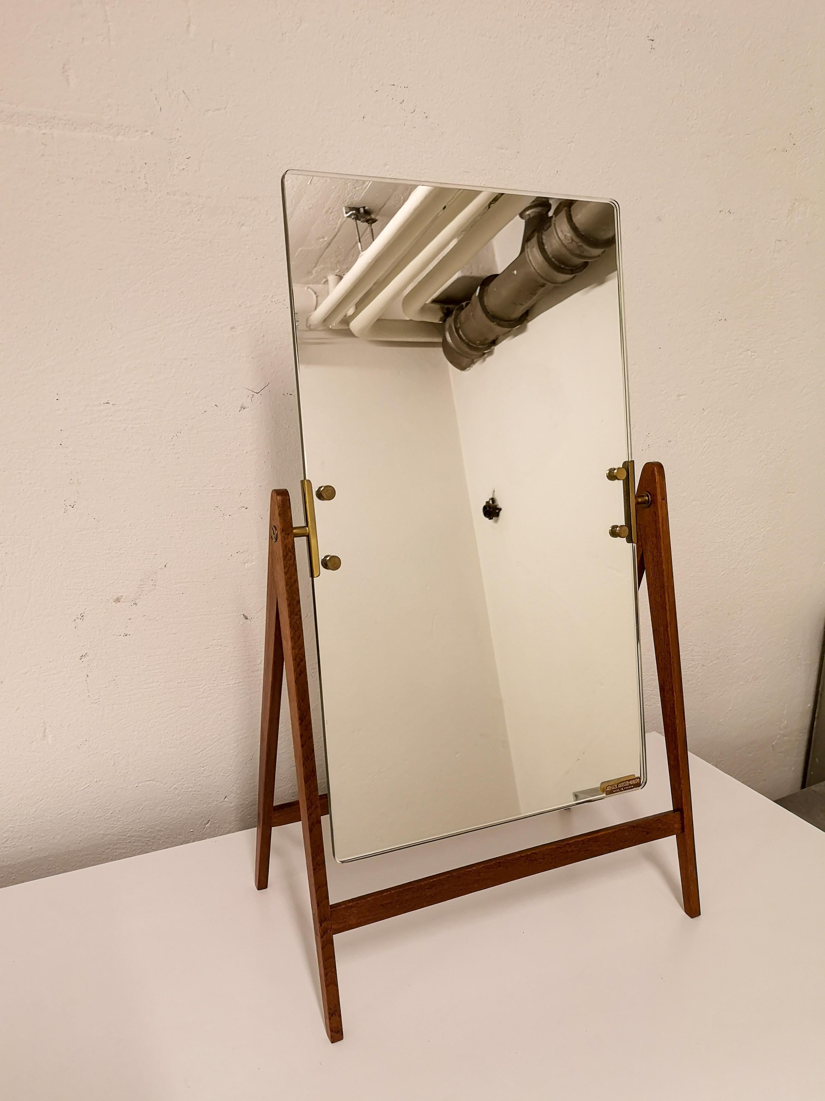 Midcentury Hans-Agne Jakobsson Brass and Teak Large Rare Table Mirror, Sweden 2