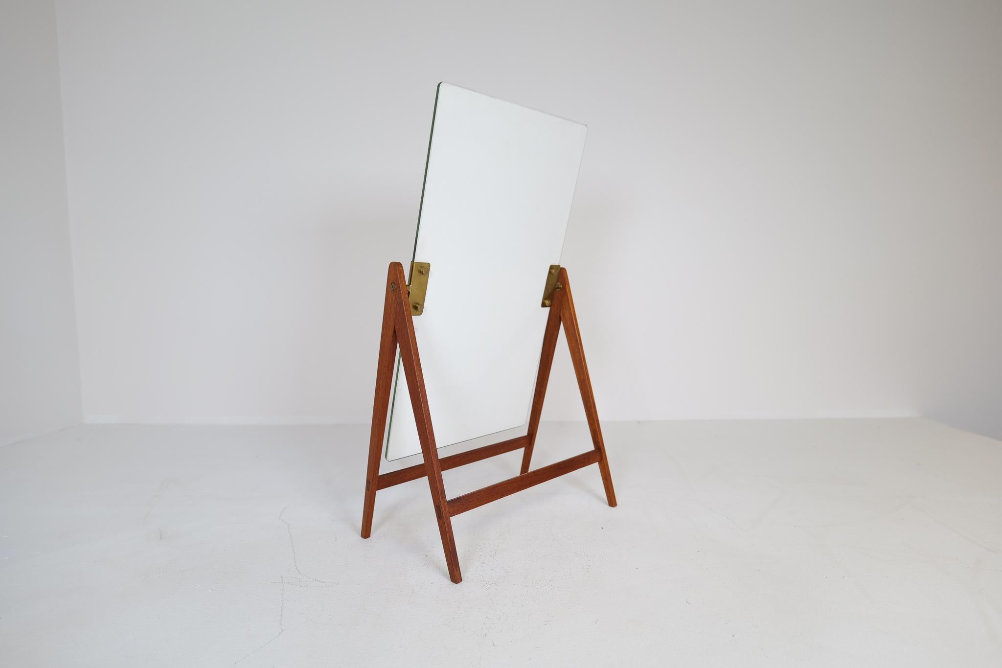 Mid-Century Hans-Agne Jakobsson Brass and Teak Large Rare Table Mirror, Sweden For Sale 3