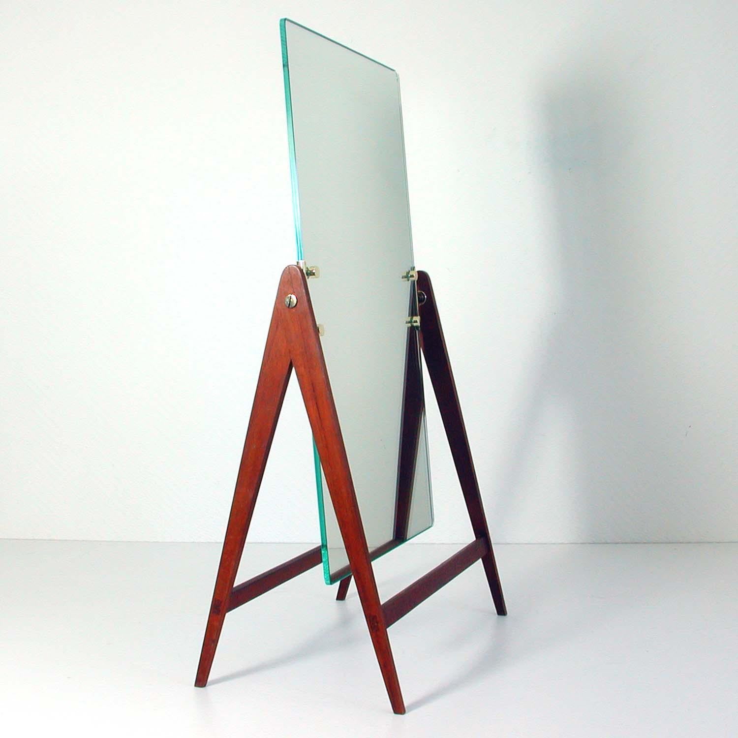 Swedish Midcentury Hans-Agne Jakobsson Teak Brass Table Vanity Mirror, Markaryd, 1960s