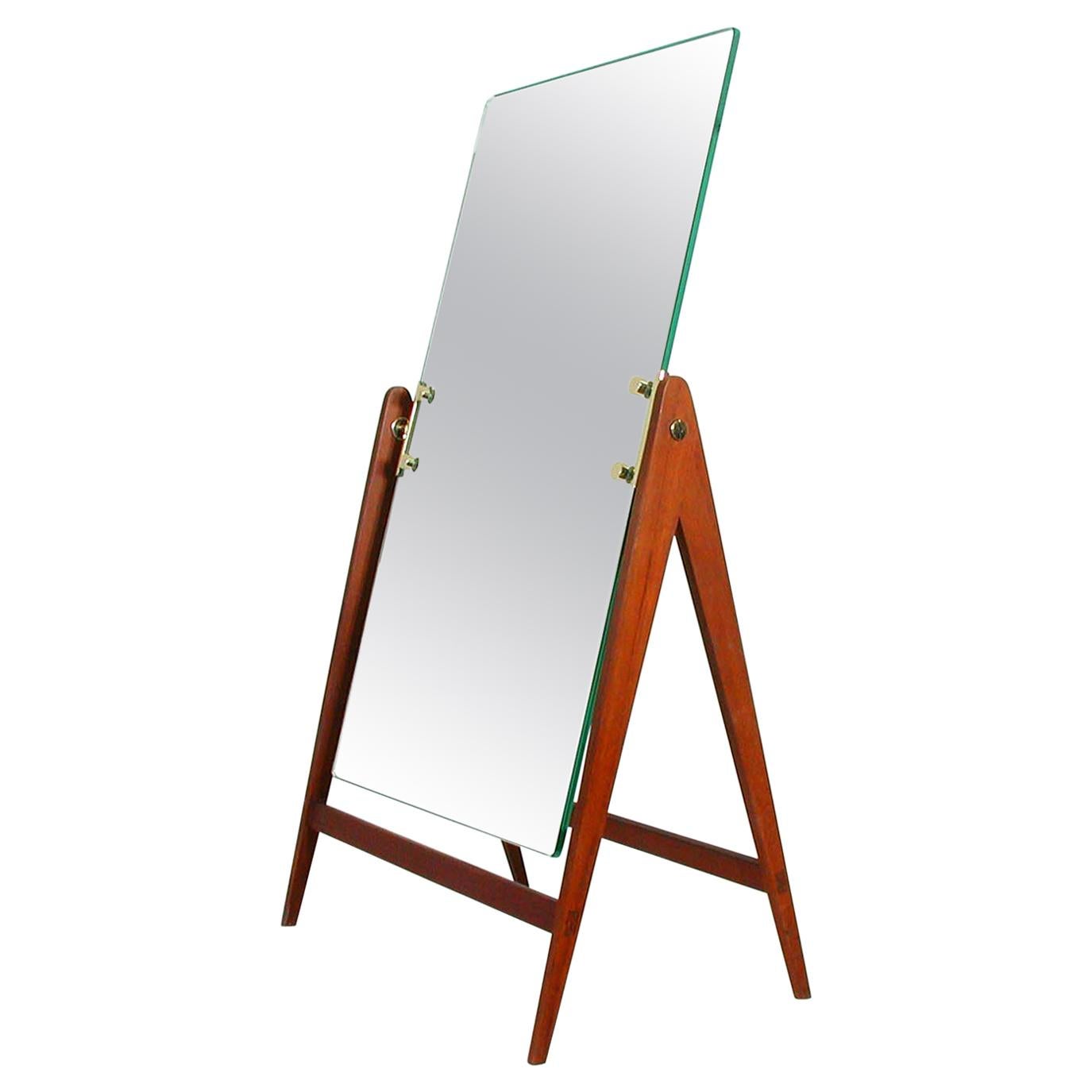 Midcentury Hans-Agne Jakobsson Teak Brass Table Vanity Mirror, Markaryd, 1960s