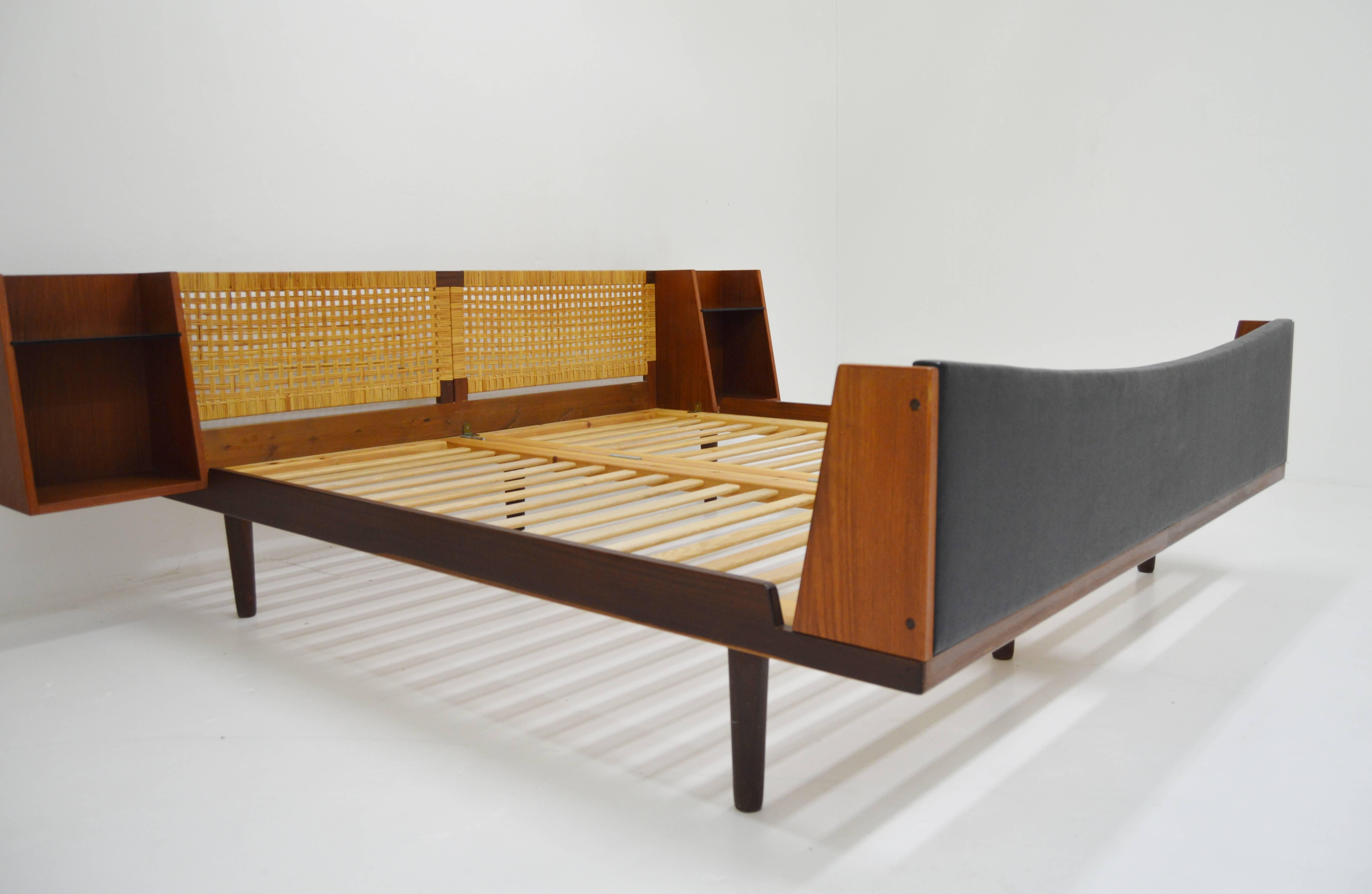 Faux Leather Midcentury Hans J Wegner Double Master Bed with Teak and Rattan For Sale