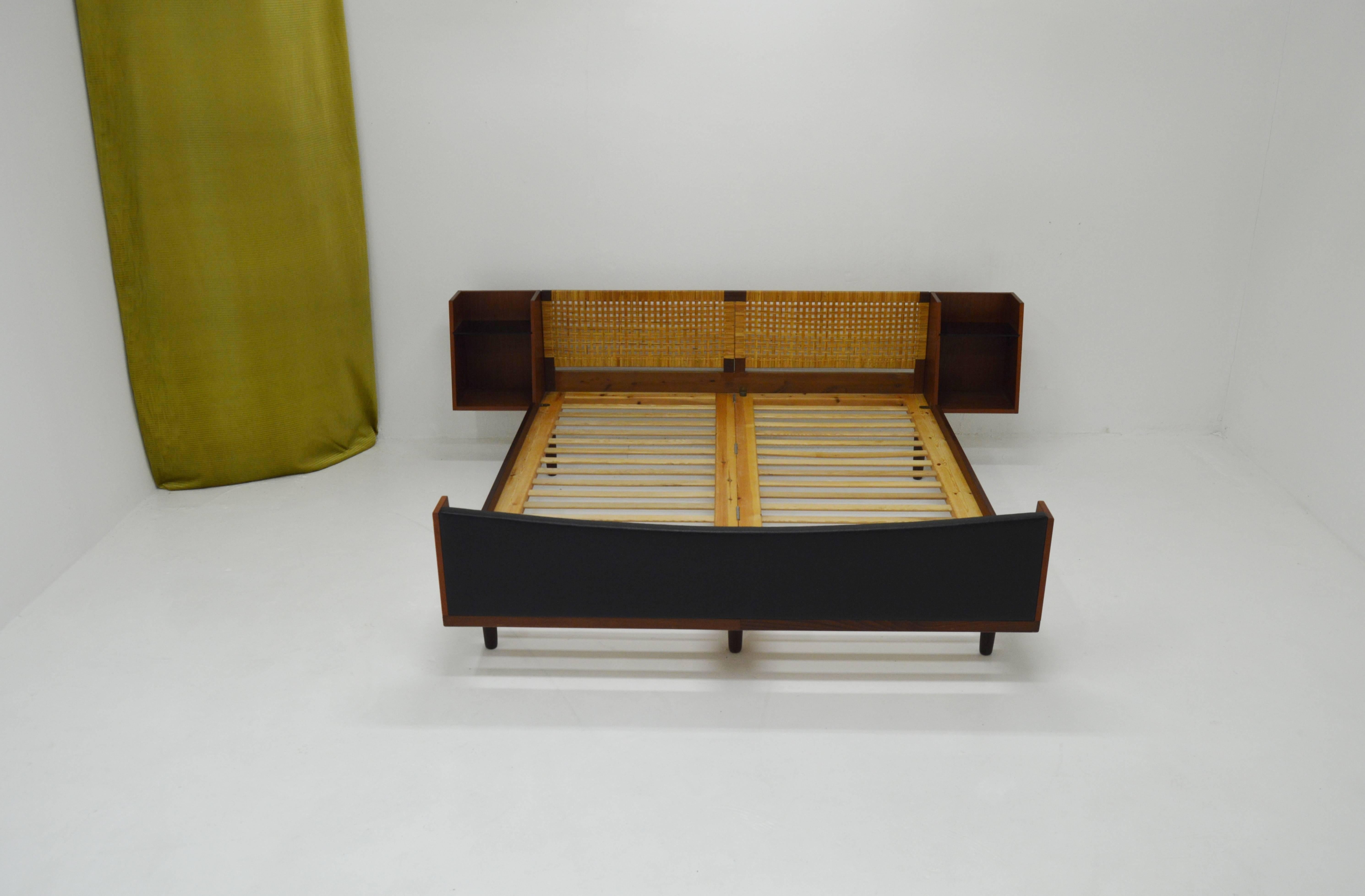 Midcentury Hans J Wegner Double Master Bed with Teak and Rattan For Sale 1