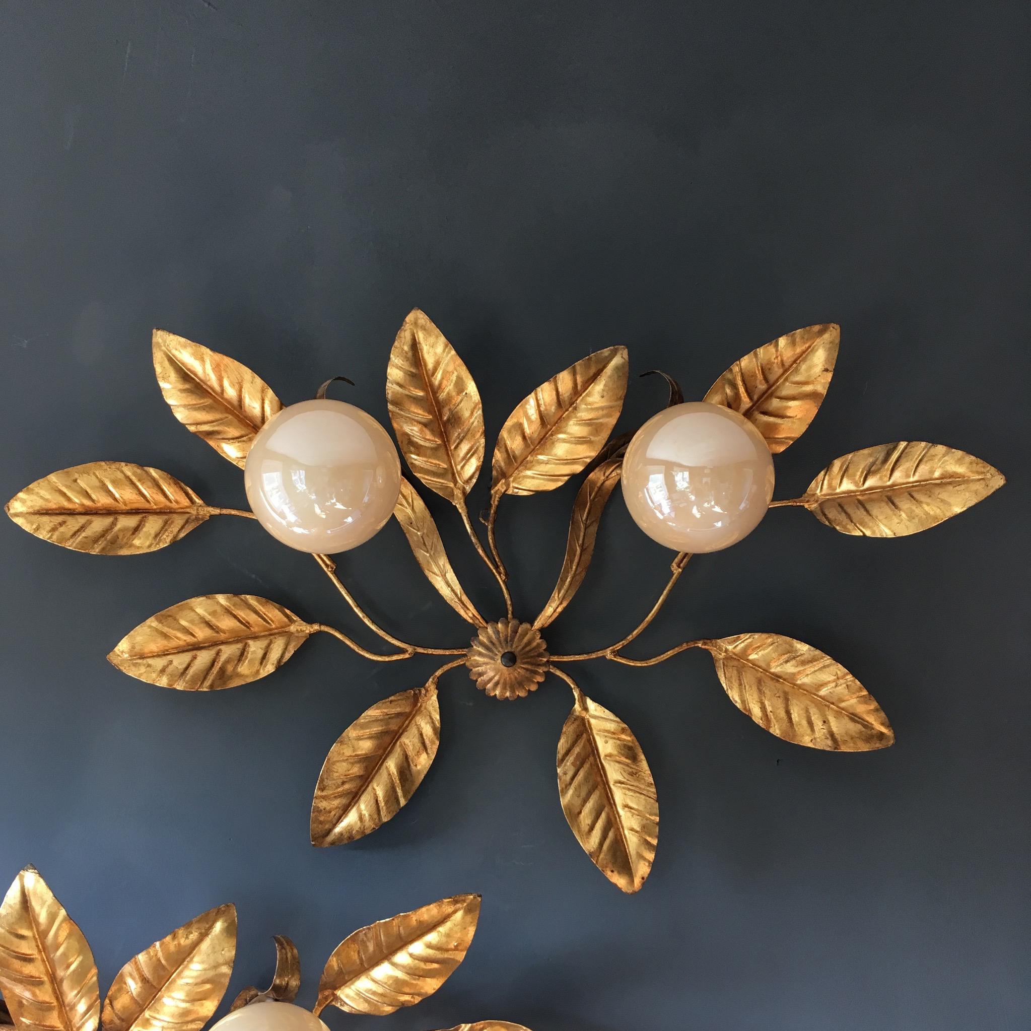 French Midcentury Hans Kogl Style Leaf and Globe Wall Sconces