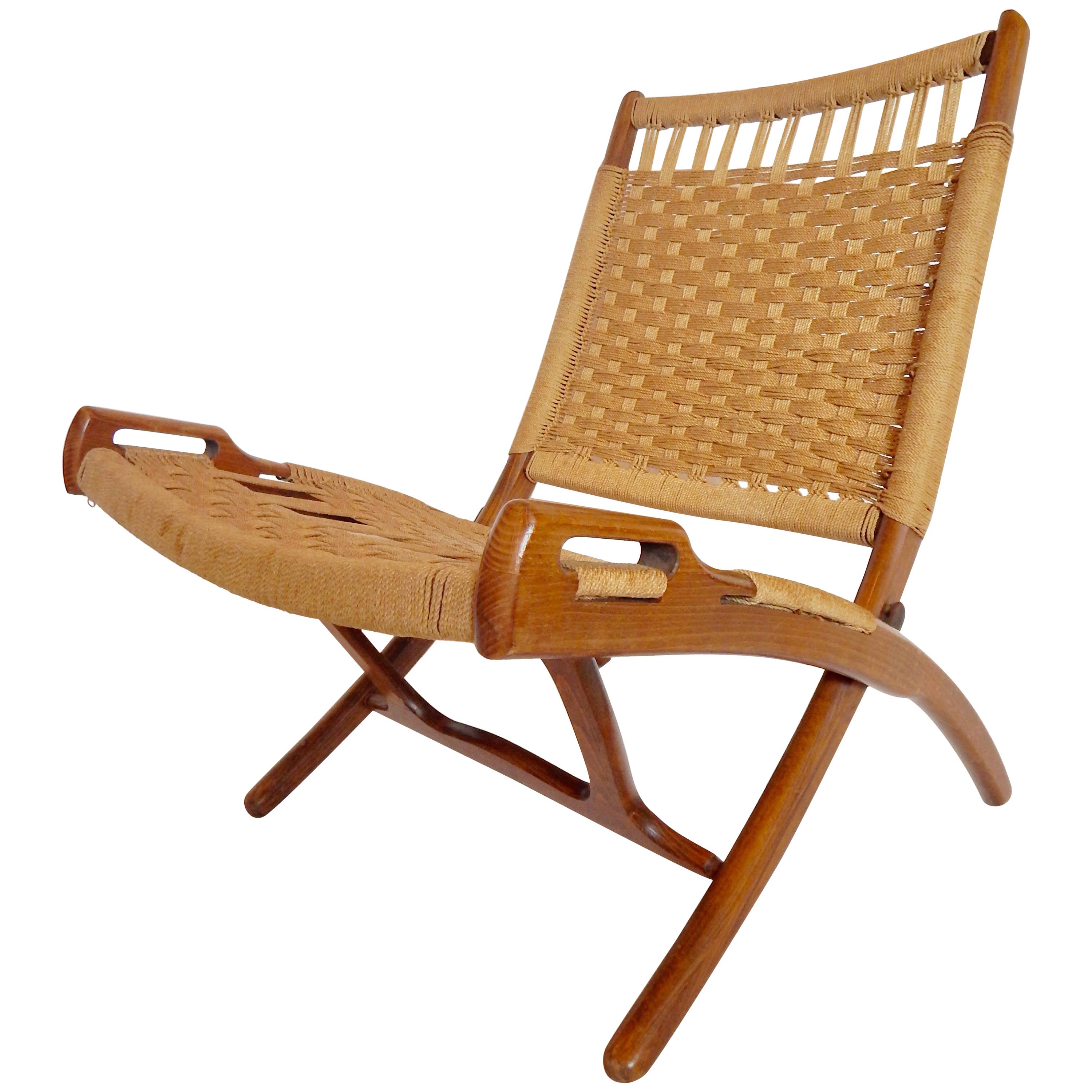 Midcentury Woven Folding Chair with Handles