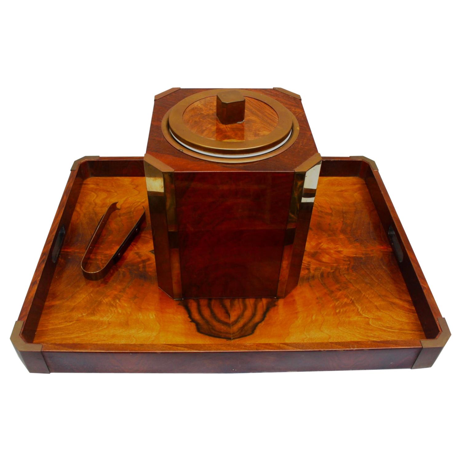 Midcentury Hard Wood Ice Bucket with Matching Tray, 1970s For Sale