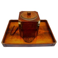 Vintage Midcentury Hard Wood Ice Bucket with Matching Tray, 1970s