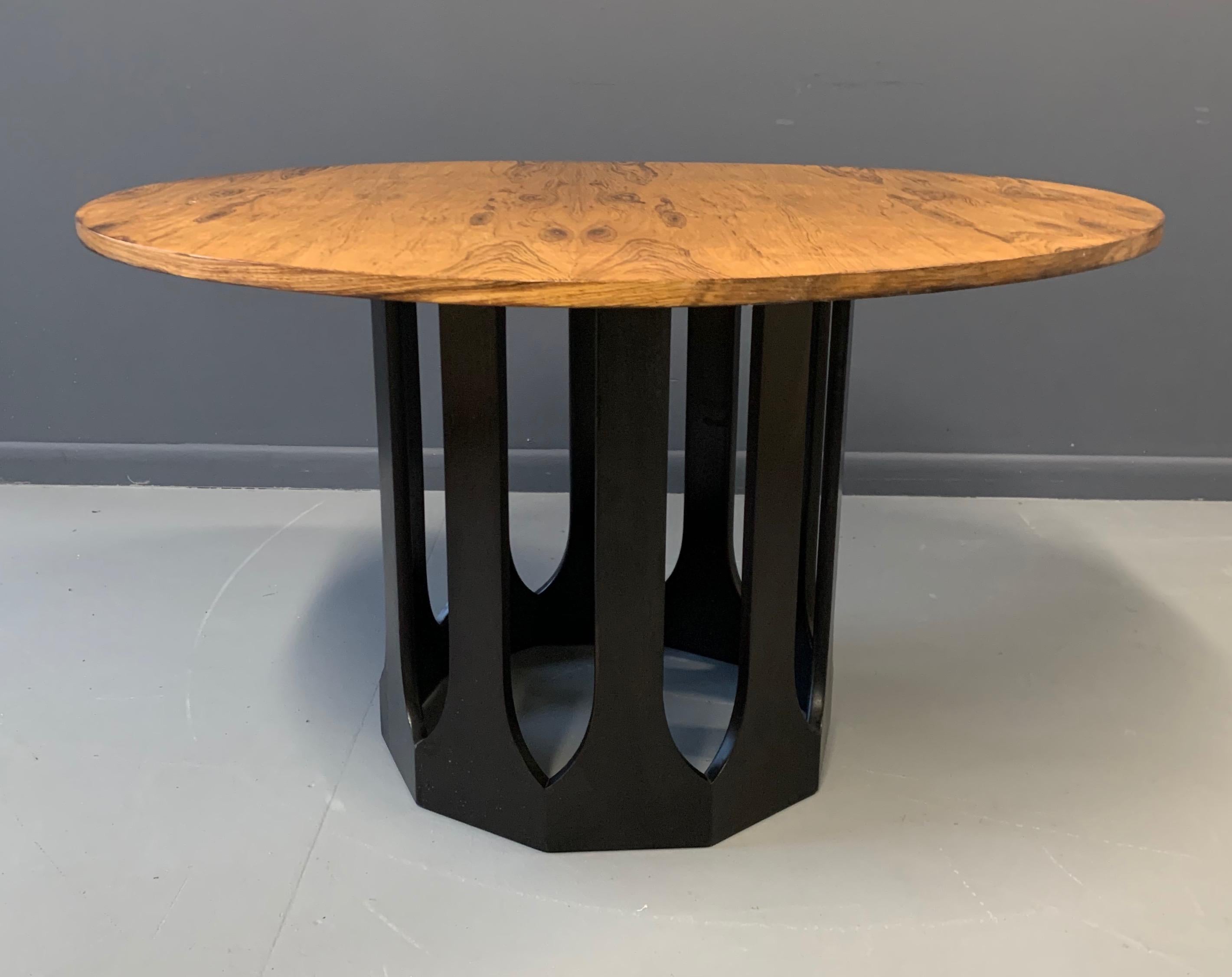 Midcentury Harvey Probber breakfast or game table. This table has an elegant black mahogany cylindrical base with cutout design and a 42