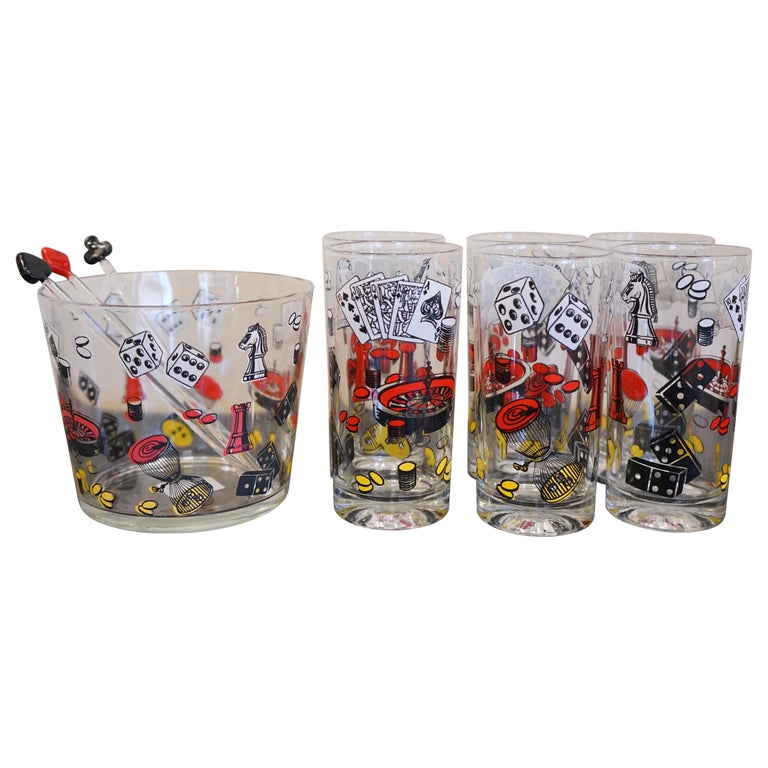 MidCentury HazelAtlas Barware Set Featuring MultiColor "Game Night