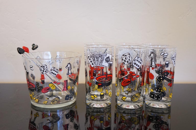 MidCentury HazelAtlas Barware Set Featuring MultiColor "Game Night