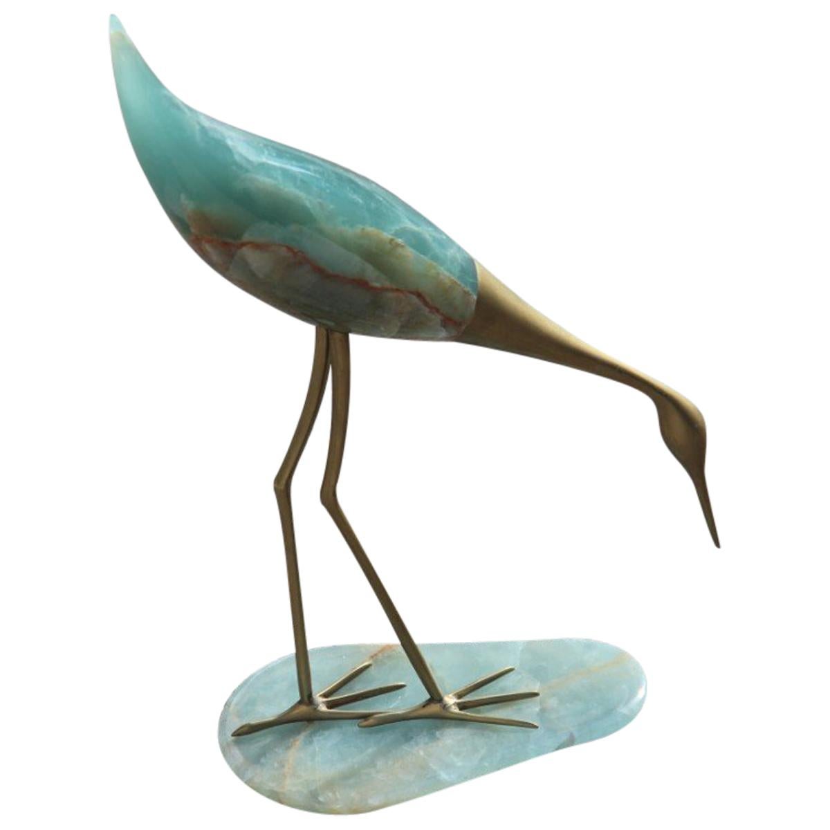 Midcentury Heron in Onyx and Italian Design 1950s Brass Parts Green Color Gold