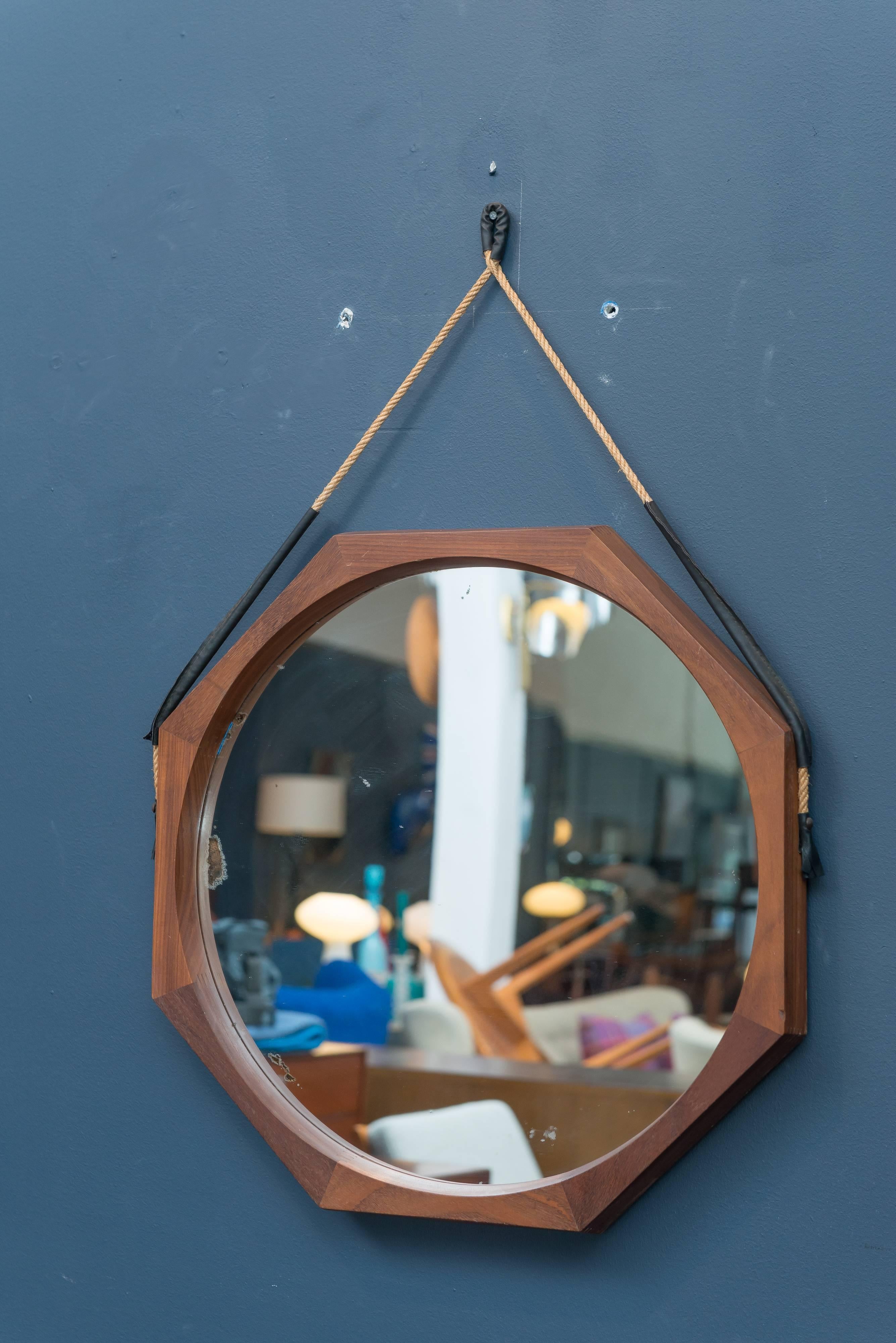 Midcentury hexagonal rosewood wall mirror, Italy.