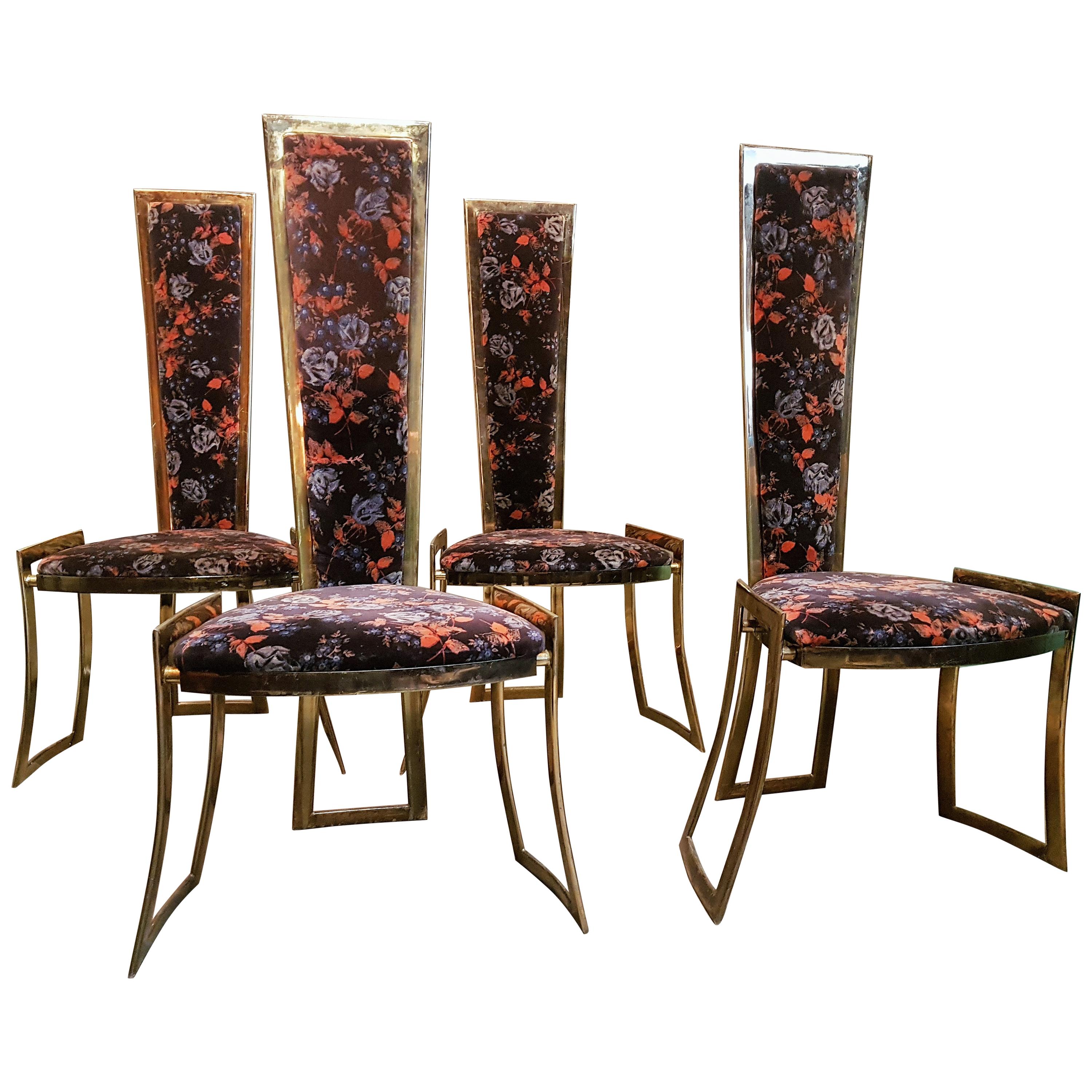 Midcentury High Back Brass Chairs Style Rizzo Hollywood Regency, France 1960s For Sale