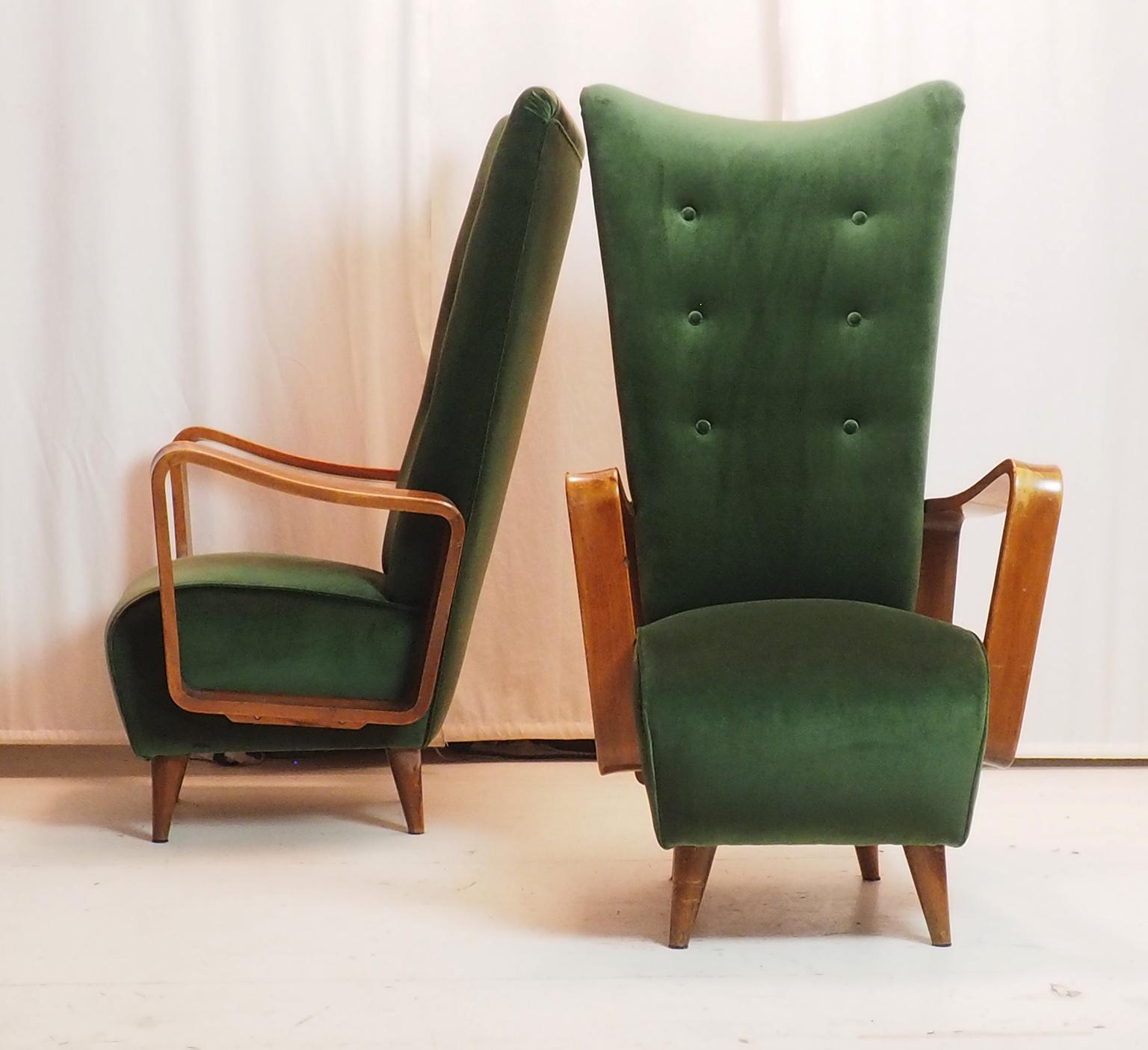 Turned Midcentury High Back Italian Green Armchairs by Pietro Lingeri, Italy, 1950s For Sale