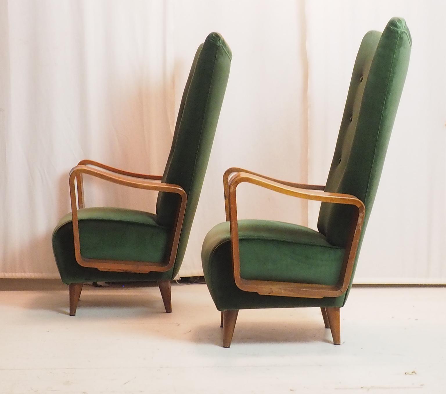Mid-20th Century Midcentury High Back Italian Green Armchairs by Pietro Lingeri, Italy 1950s