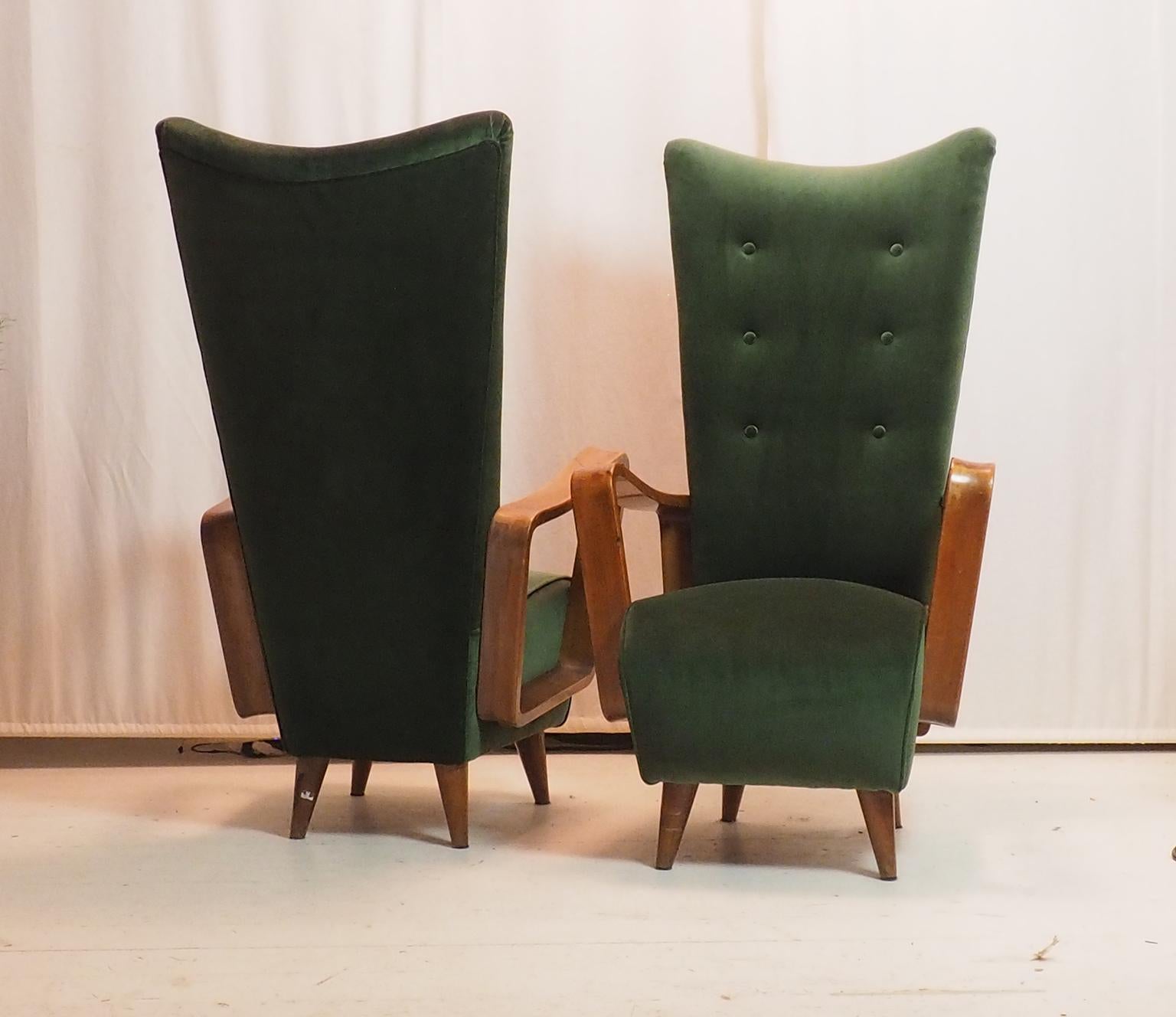 Velvet Midcentury High Back Italian Green Armchairs by Pietro Lingeri, Italy, 1950s For Sale