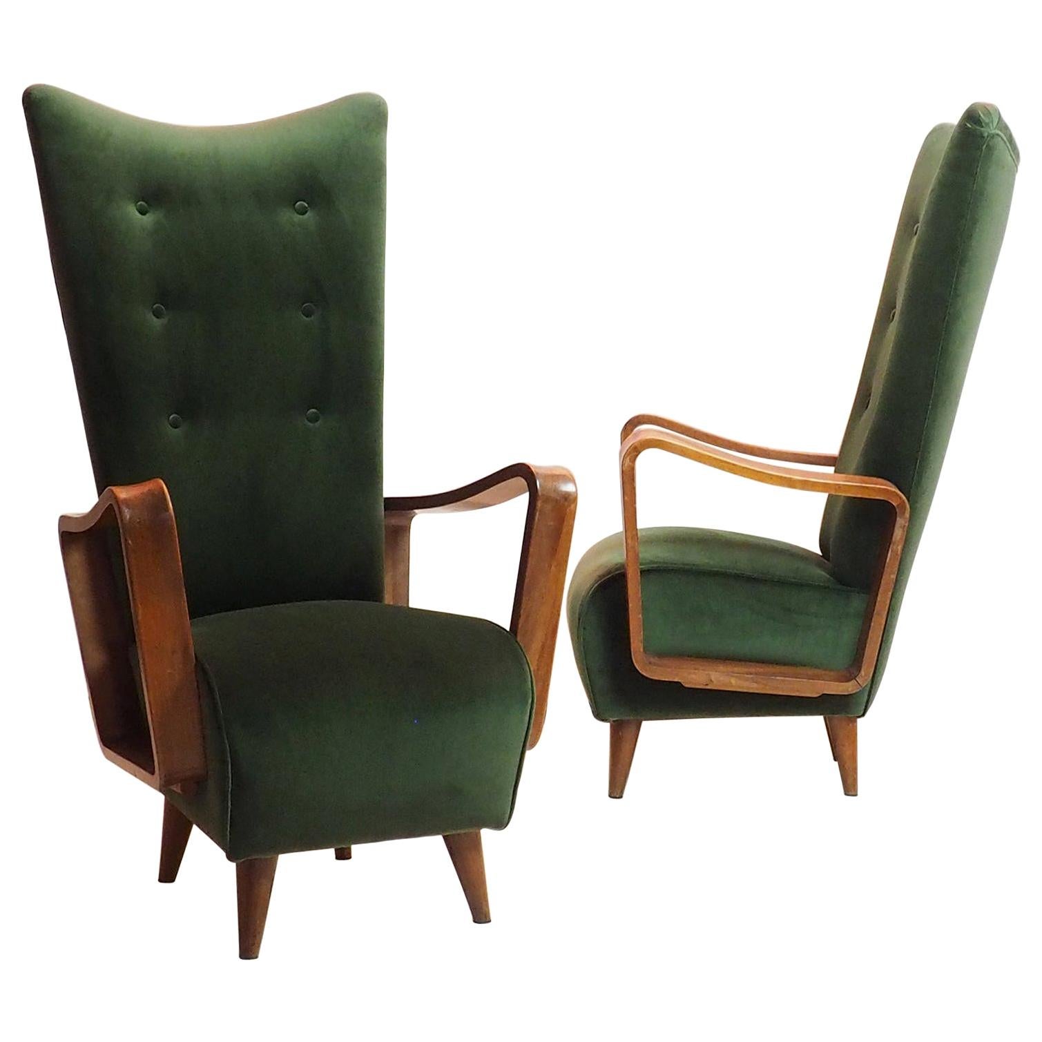 Midcentury High Back Italian Green Armchairs by Pietro Lingeri, Italy 1950s