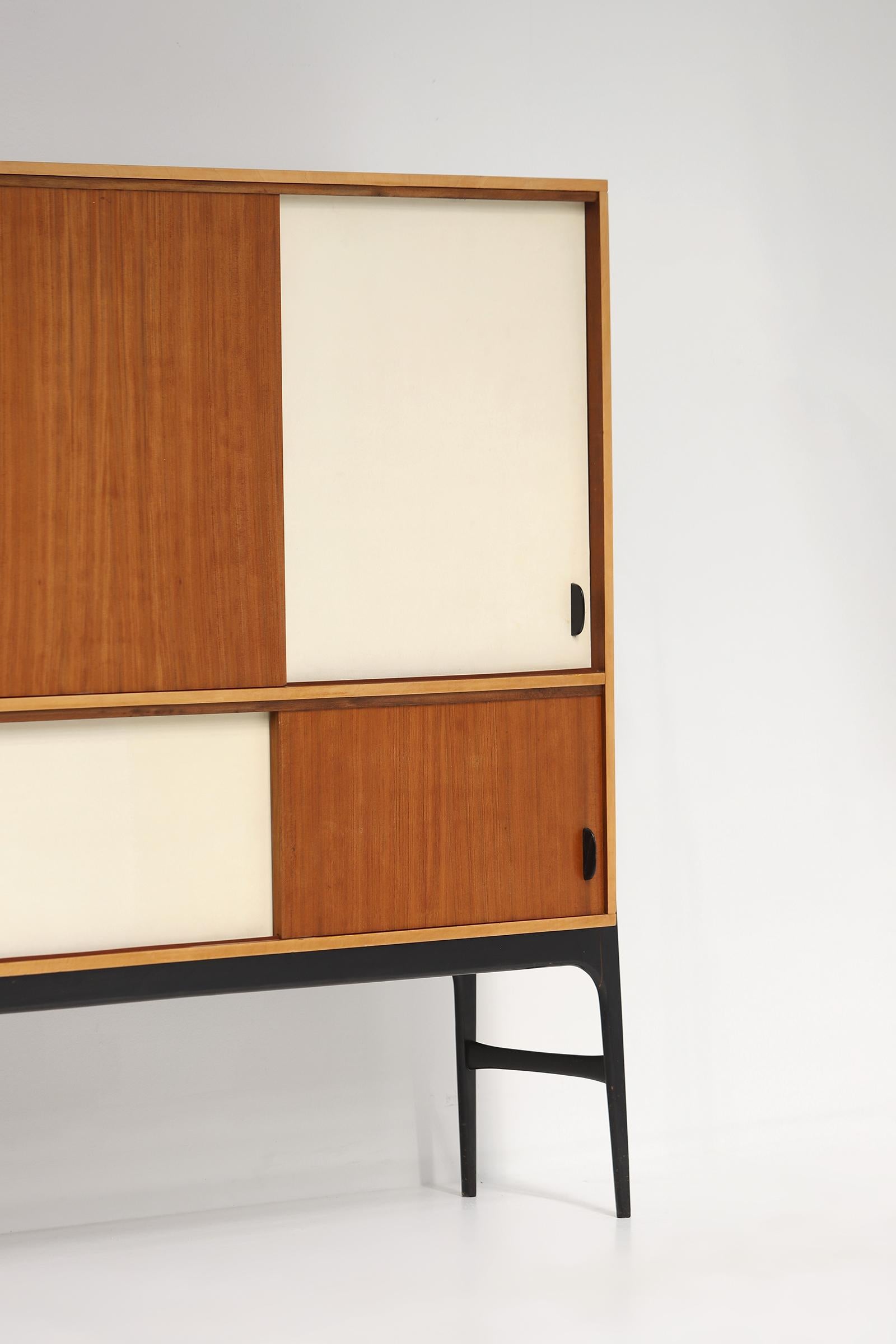 Faux Leather Midcentury High Board / Sideboard by Alfred Hendrickx for Belform Belgium, 1950