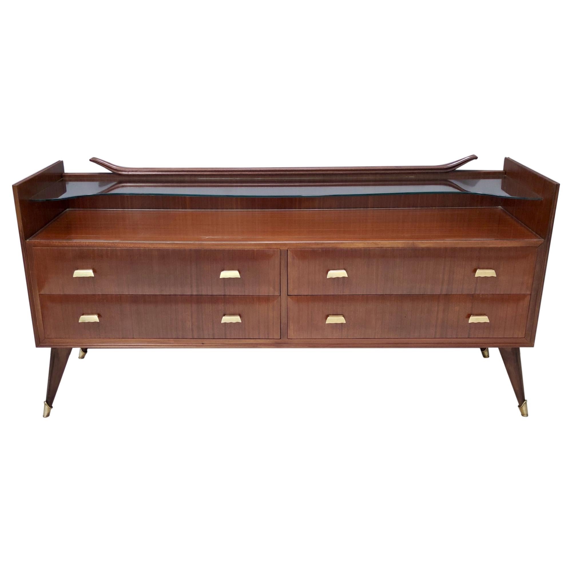Vintage High-Quality Walnut Chest of Drawers with a Thick Glass Top, Italy