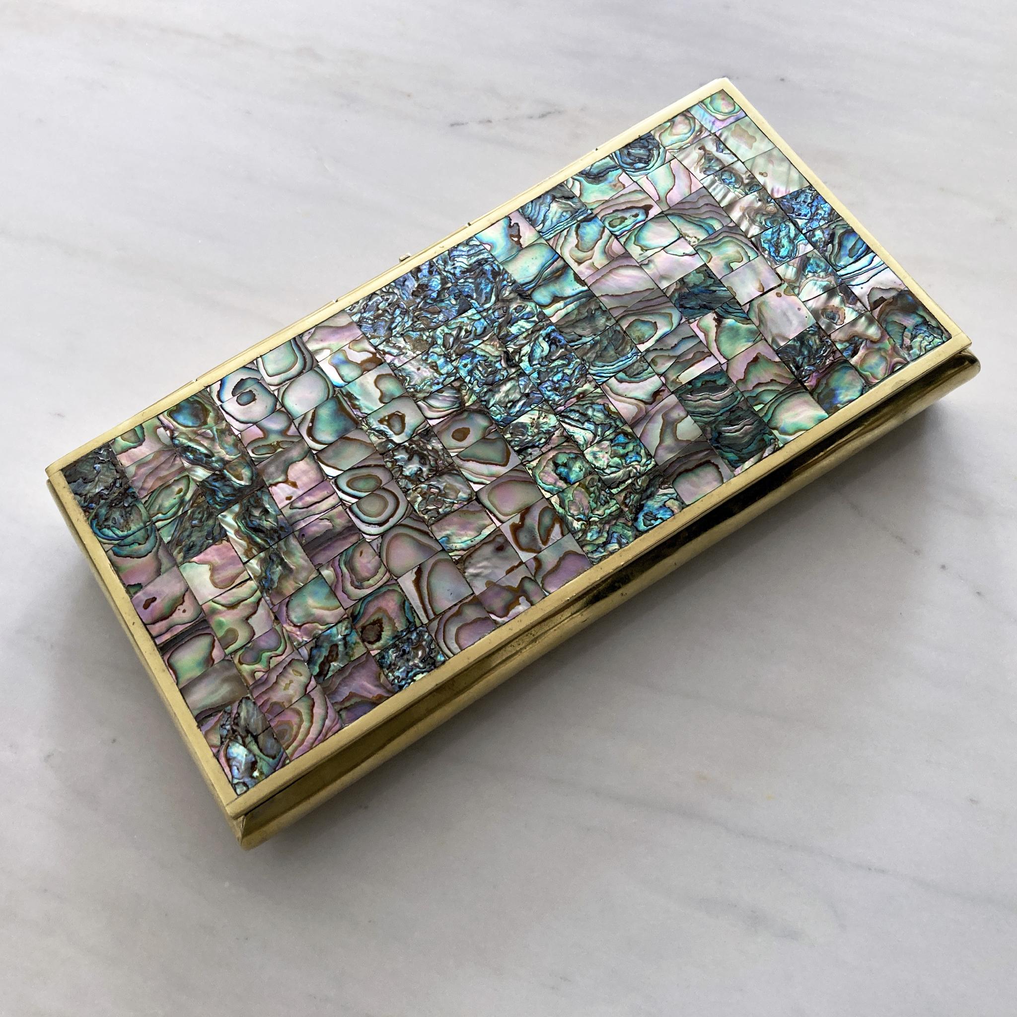 Mid-Century Modern Midcentury Hinged Abalone Shell and Brass Box, Mosaic Pattern on Lid, Wood-lined For Sale