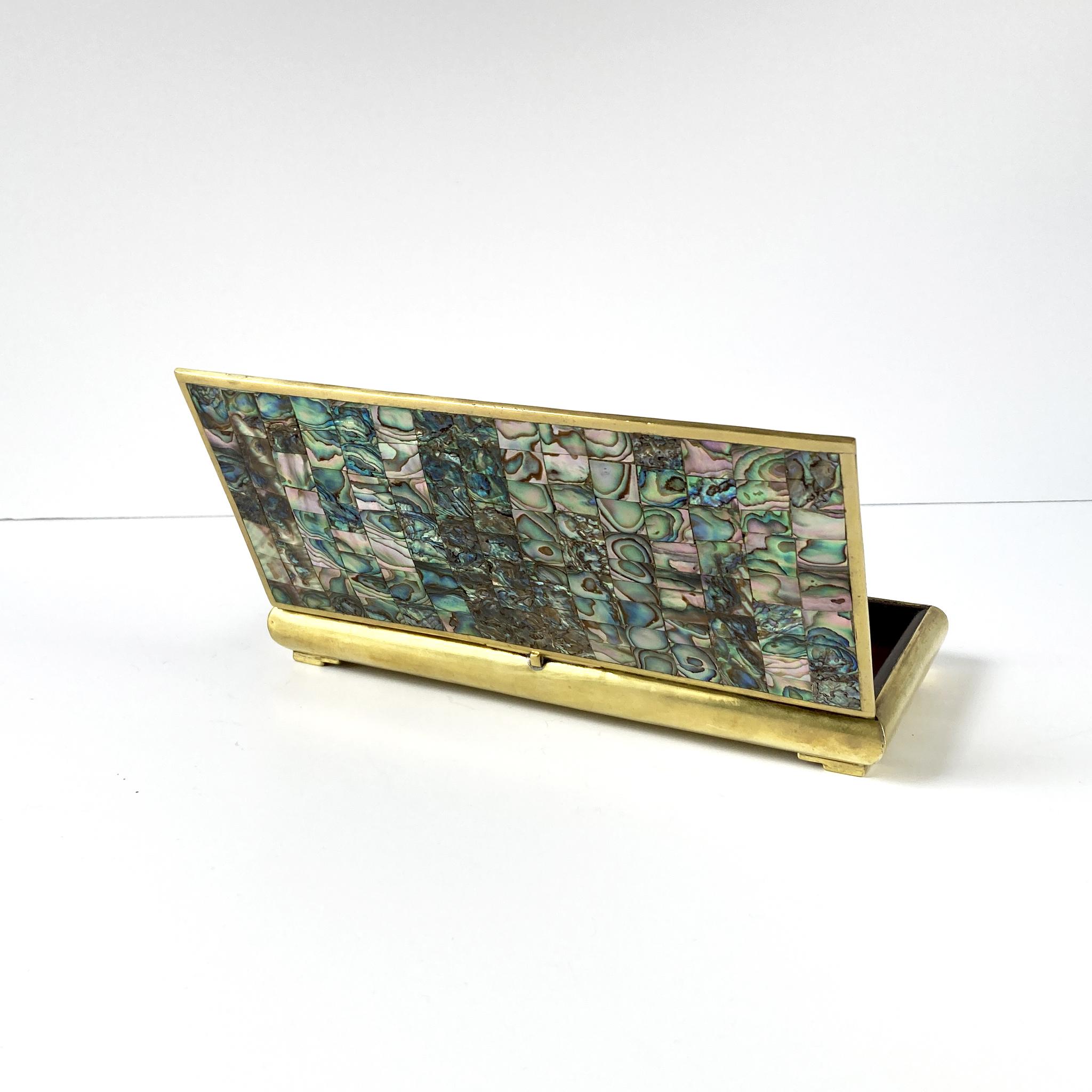 Unknown Midcentury Hinged Abalone Shell and Brass Box, Mosaic Pattern on Lid, Wood-lined For Sale