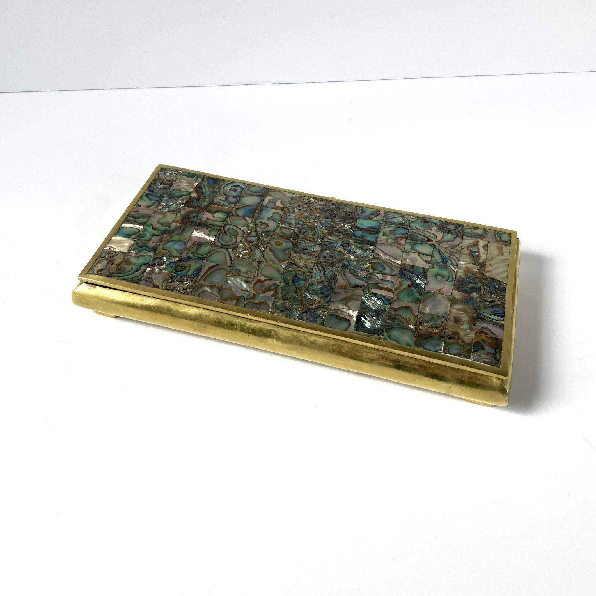 Hand-Crafted Midcentury Hinged Abalone Shell and Brass Box, Mosaic Pattern on Lid, Wood-lined For Sale