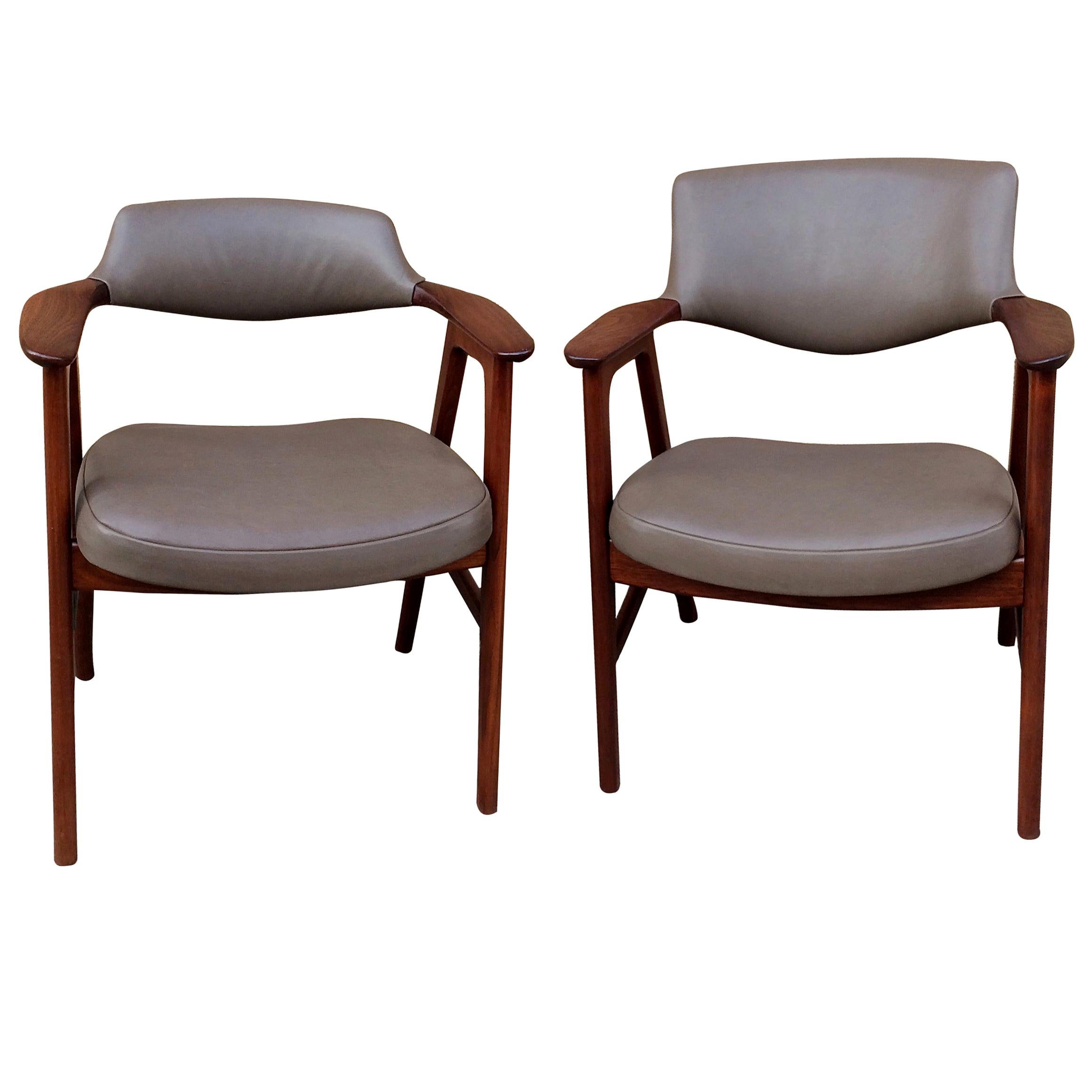 Midcentury His and Hers Walnut Leather Armchairs by Gunlocke