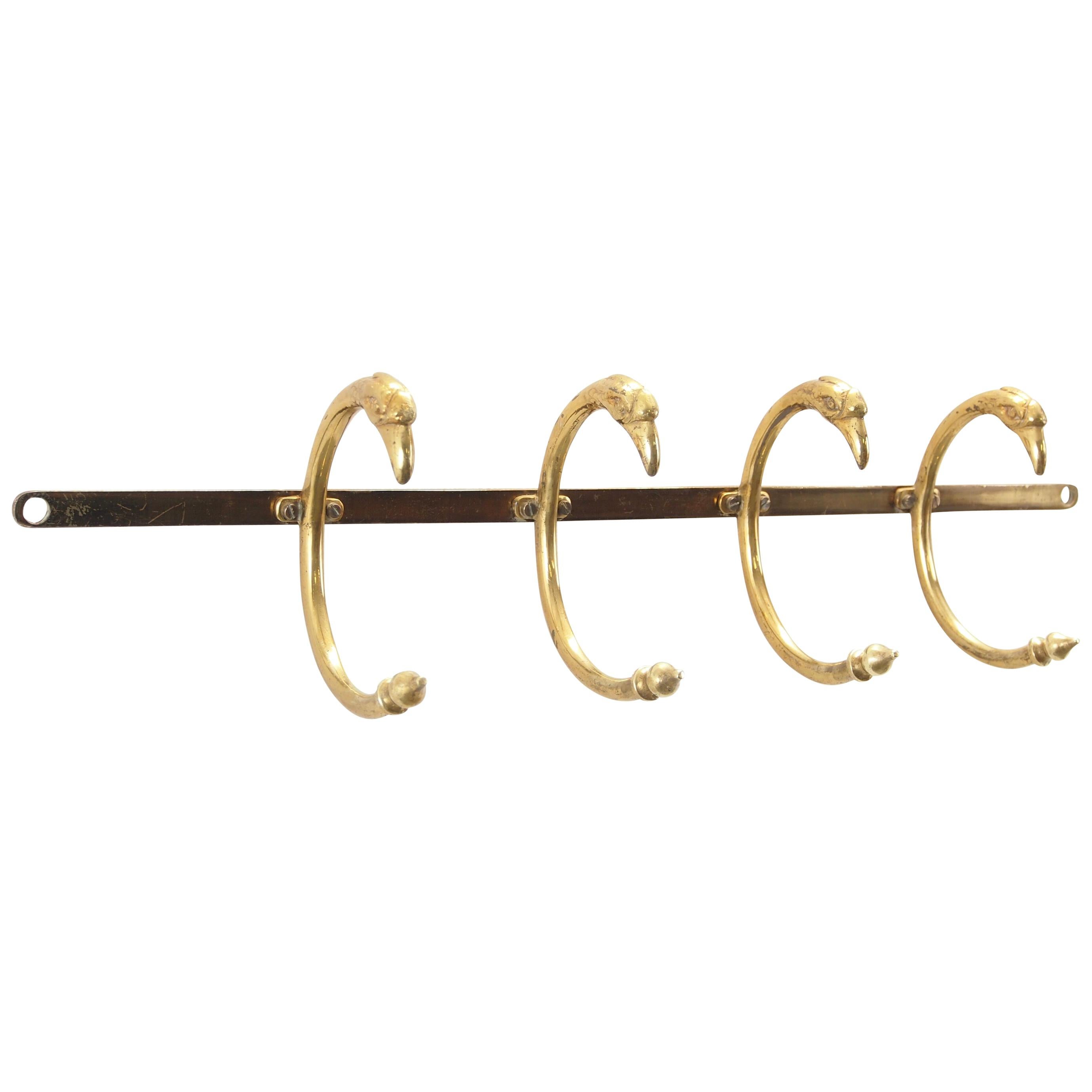 Midcentury Hollywood Regency 1970s Brass Coat Rack with Flamingo Heads For Sale