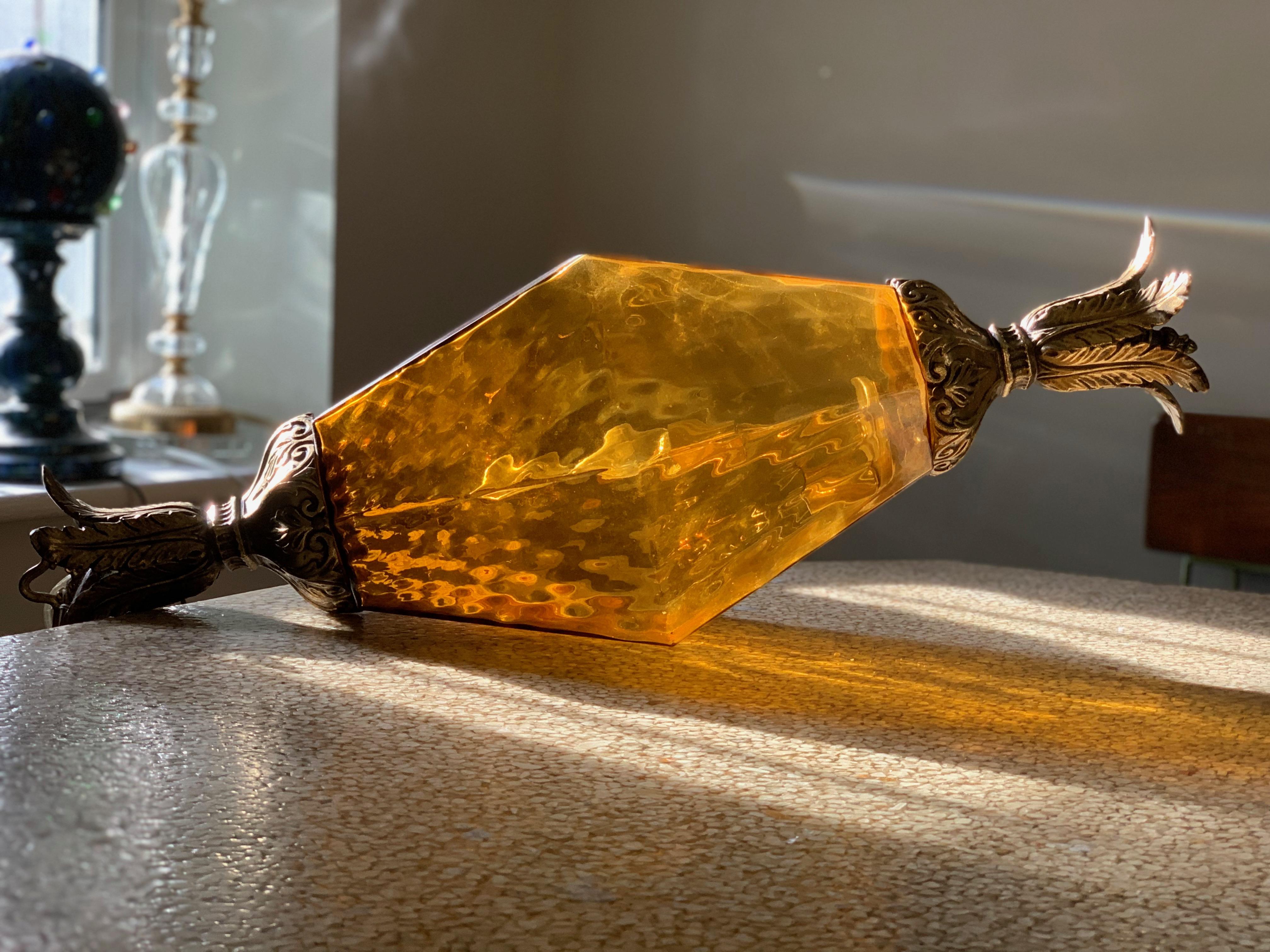 American Midcentury Hollywood Regency Amber Leaded Glass Foliage Brass Lantern