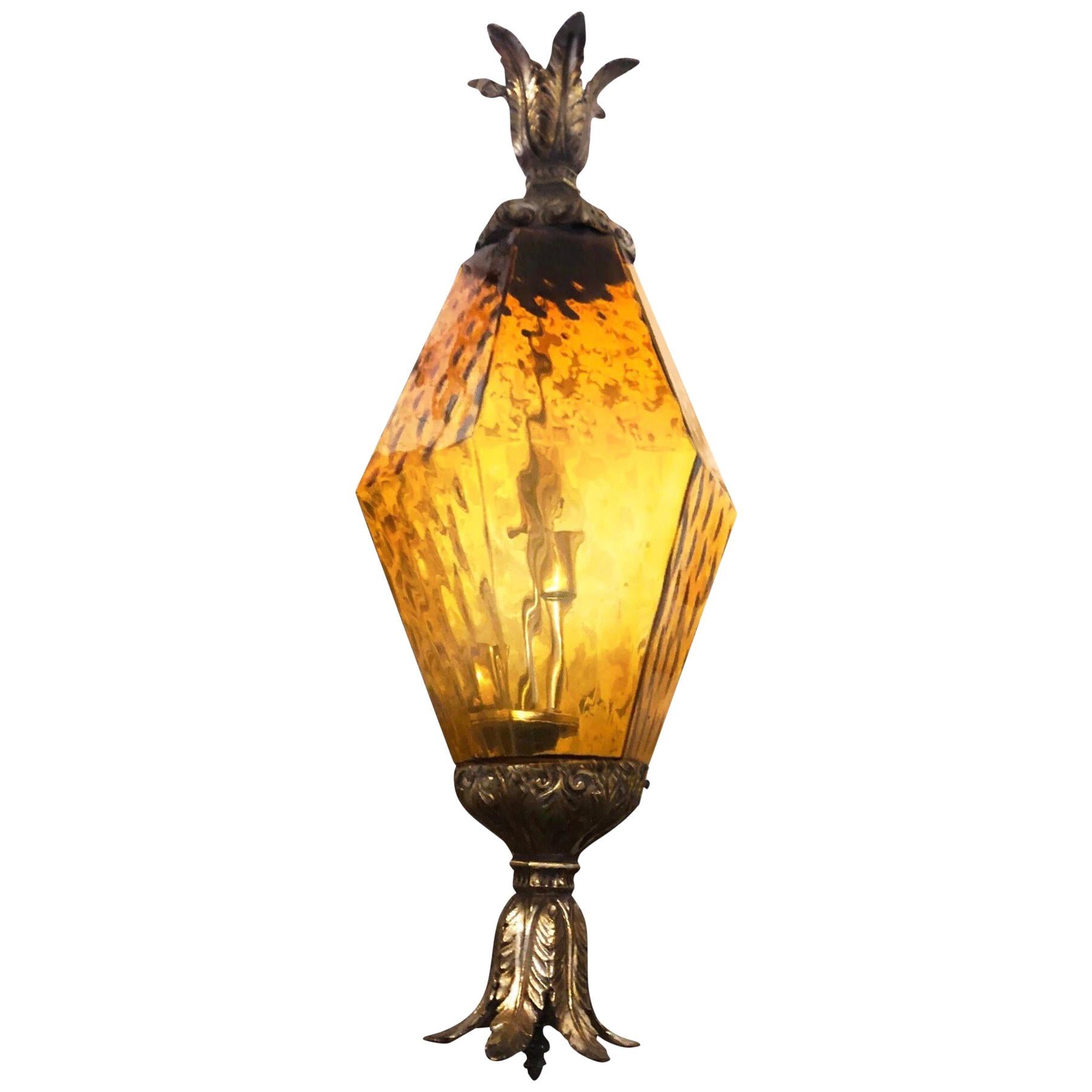 Midcentury Hollywood Regency Amber Leaded Glass Foliage Brass Lantern
