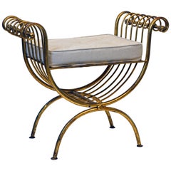 Midcentury Hollywood Regency Curule Style Gilt Metal Bench with Cushion