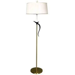 Midcentury Hollywood Regency Floor Lamp Brass with Black Accent and Drum Shade