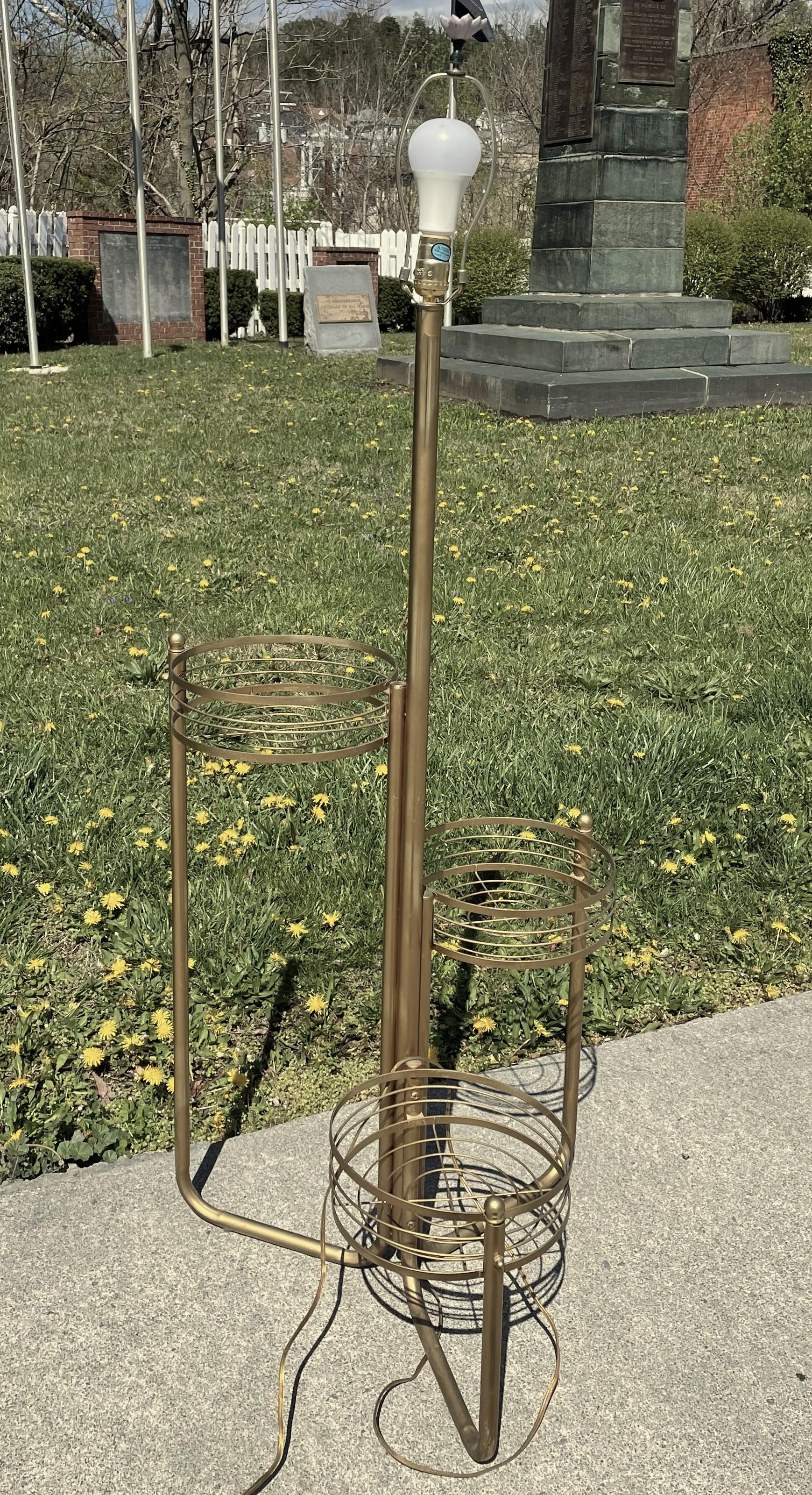 i can imagine this floor lamp decorated in many wonderful ways most logically trailing or flowering plants but these baskets can display almost anything you can think of. 

The lamp is 56 inches tall to the finial and 20 inches wide to the outside