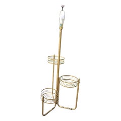 Midcentury Hollywood Regency Gold Floor Lamp w/ Wire Basket Tiered Plant Holders
