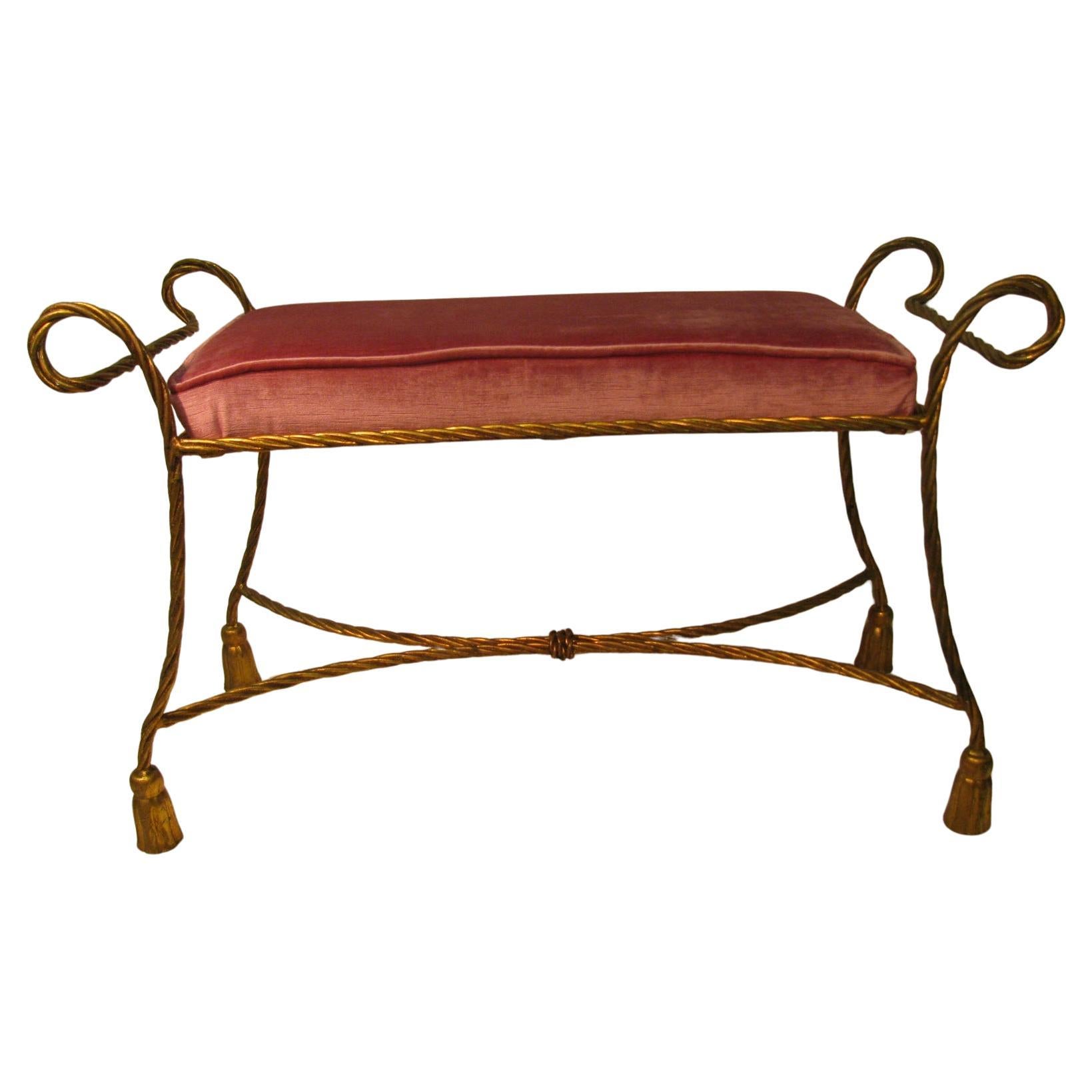 Brass Midcentury Hollywood Regency Italian Gilt Rope and Tassel Bench