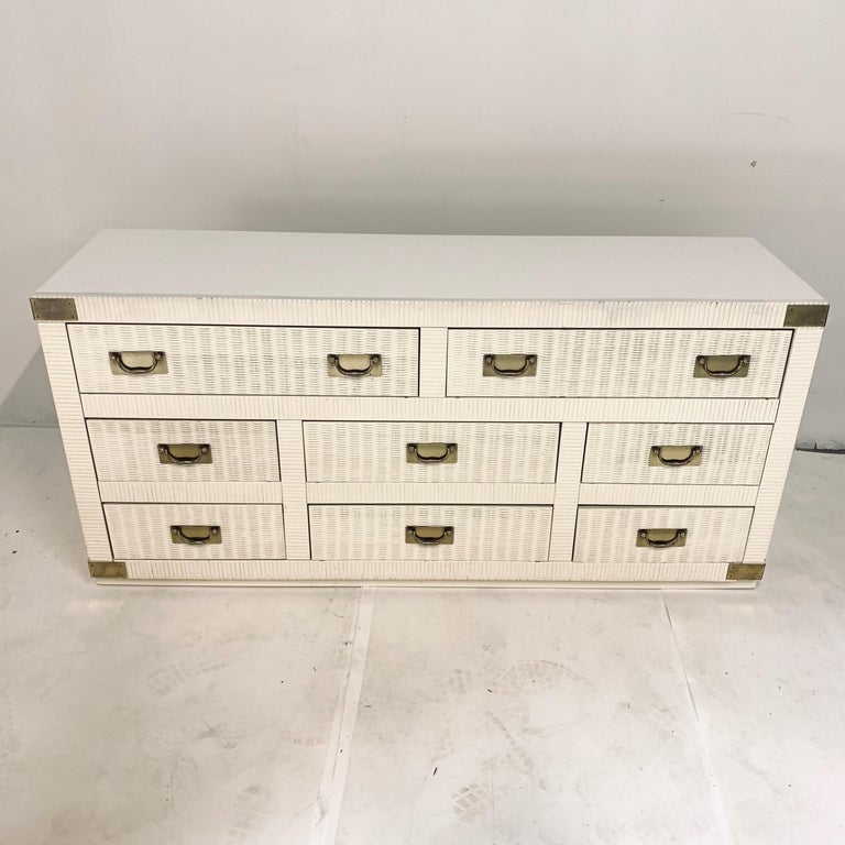 Midcentury Hollywood Regency Palm Beach White Wicker And Brass 8