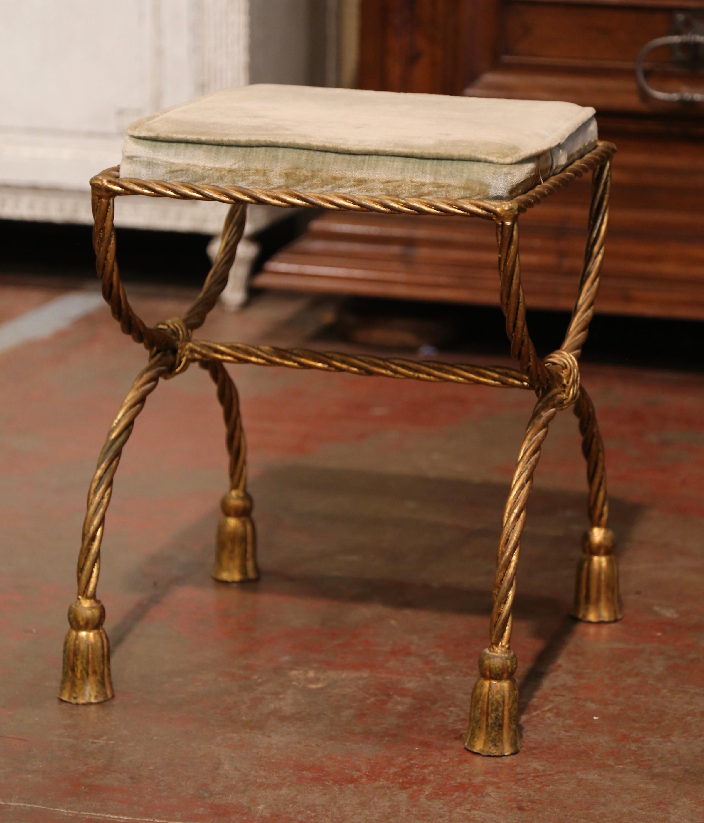 20th Century Midcentury Hollywood Regency Style Gilt Painted Iron Curule Form Vanity Stool