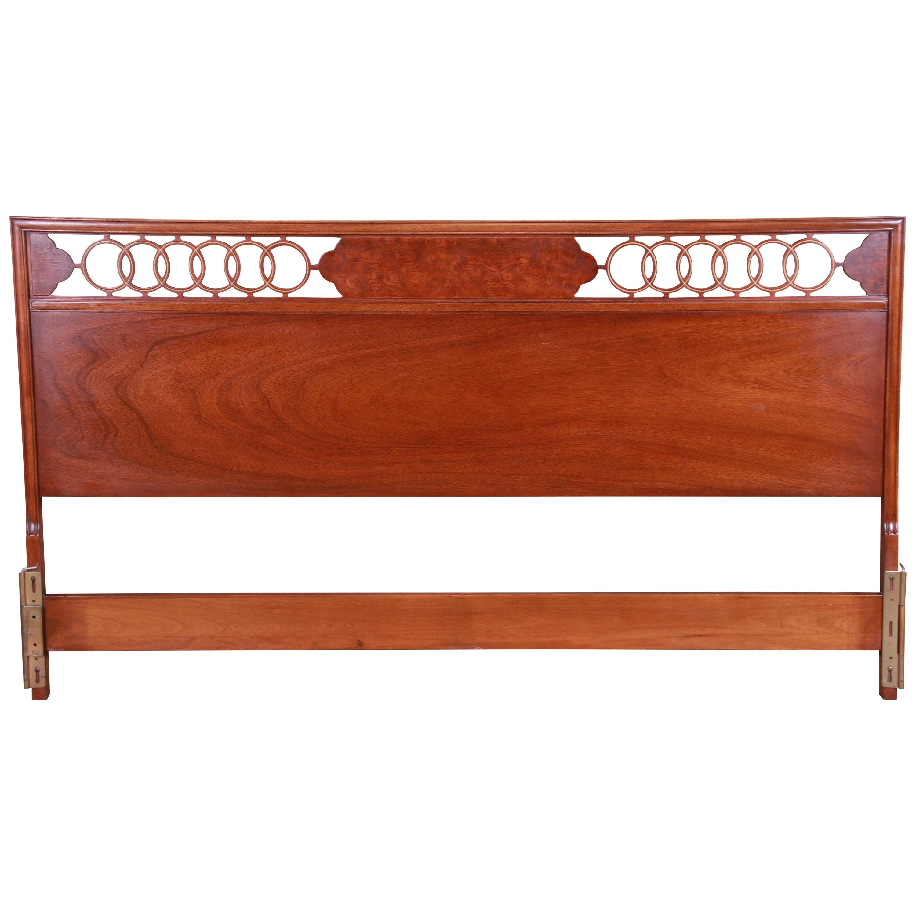 Midcentury Hollywood Regency Walnut and Burl Wood King Size Headboard