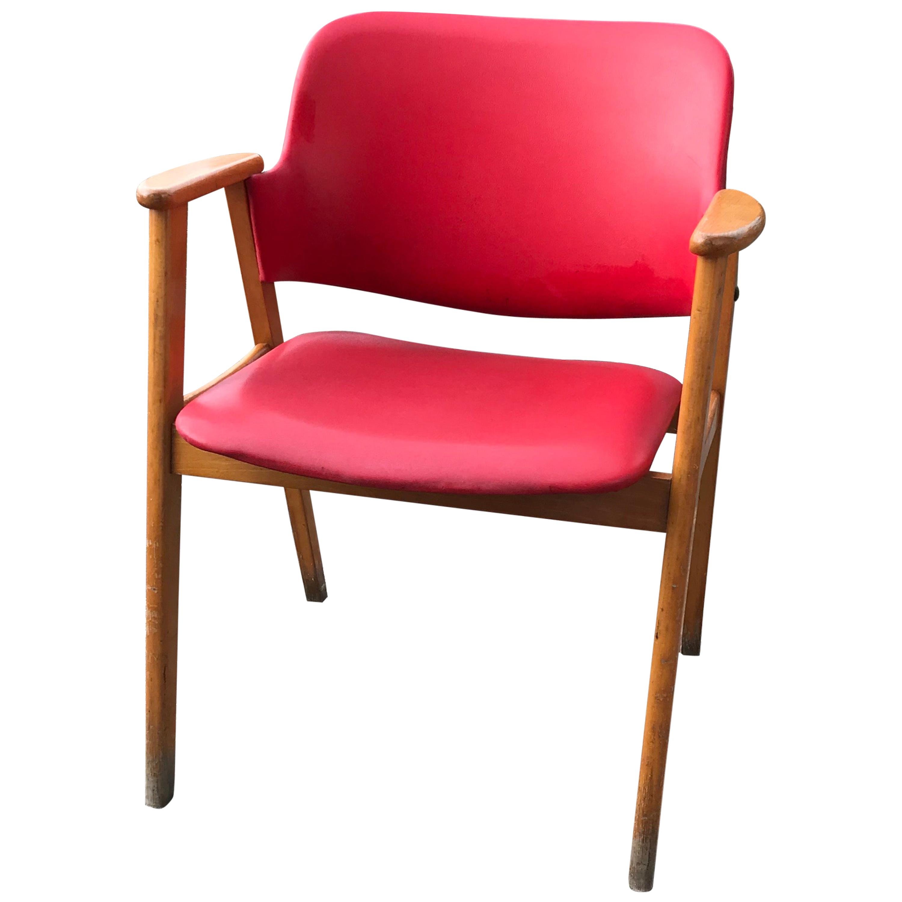 Midcentury Hungarian Chair with Red Faux Leather, circa 1960s For Sale