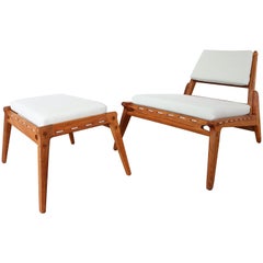 Midcentury Hunting Chair with Ottoman in Solid Oak, Germany, 1950s