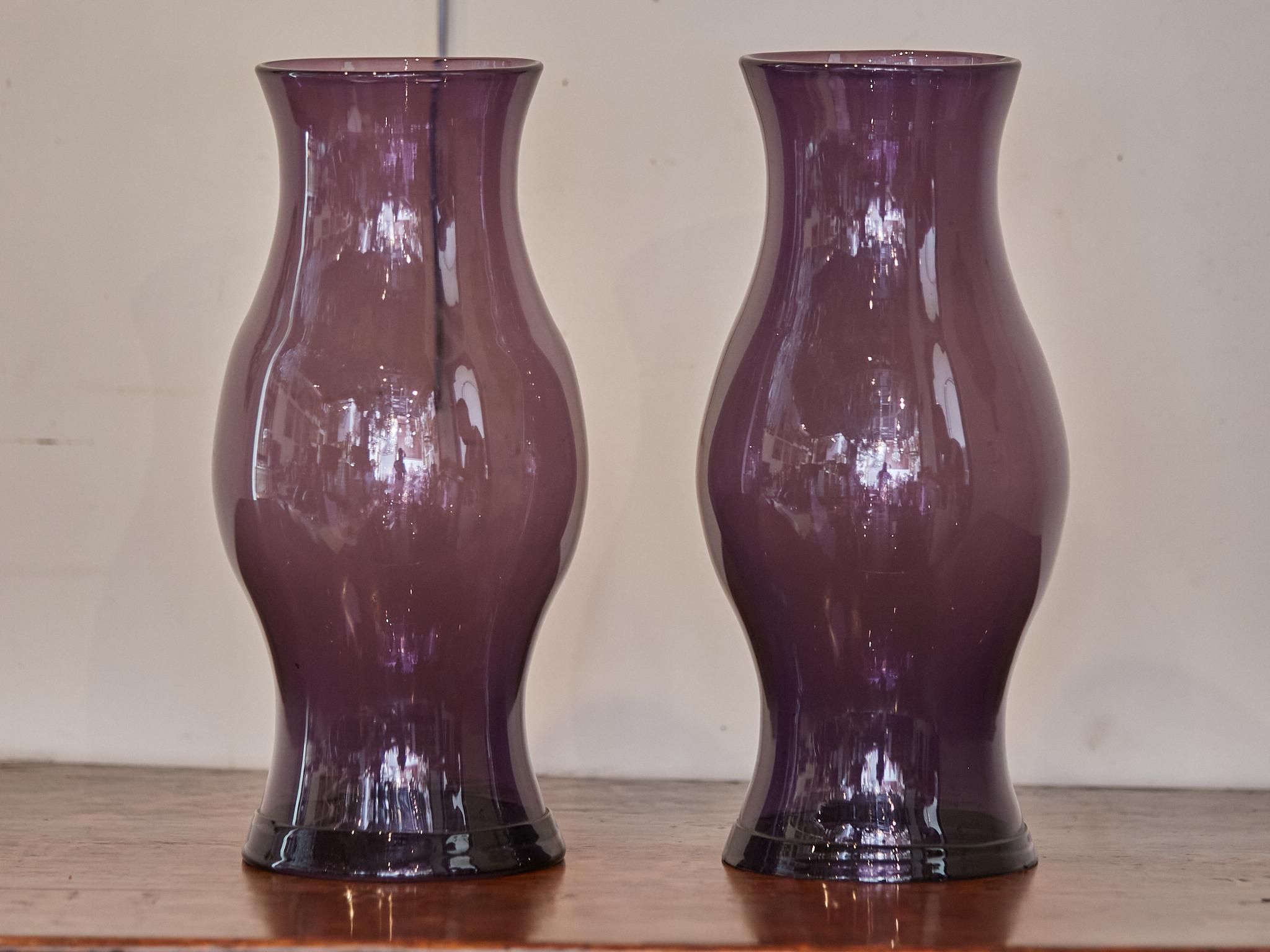 Mid-Century Modern Midcentury Amethyst Color Hurricane Lamp Glass Shades, a Pair For Sale