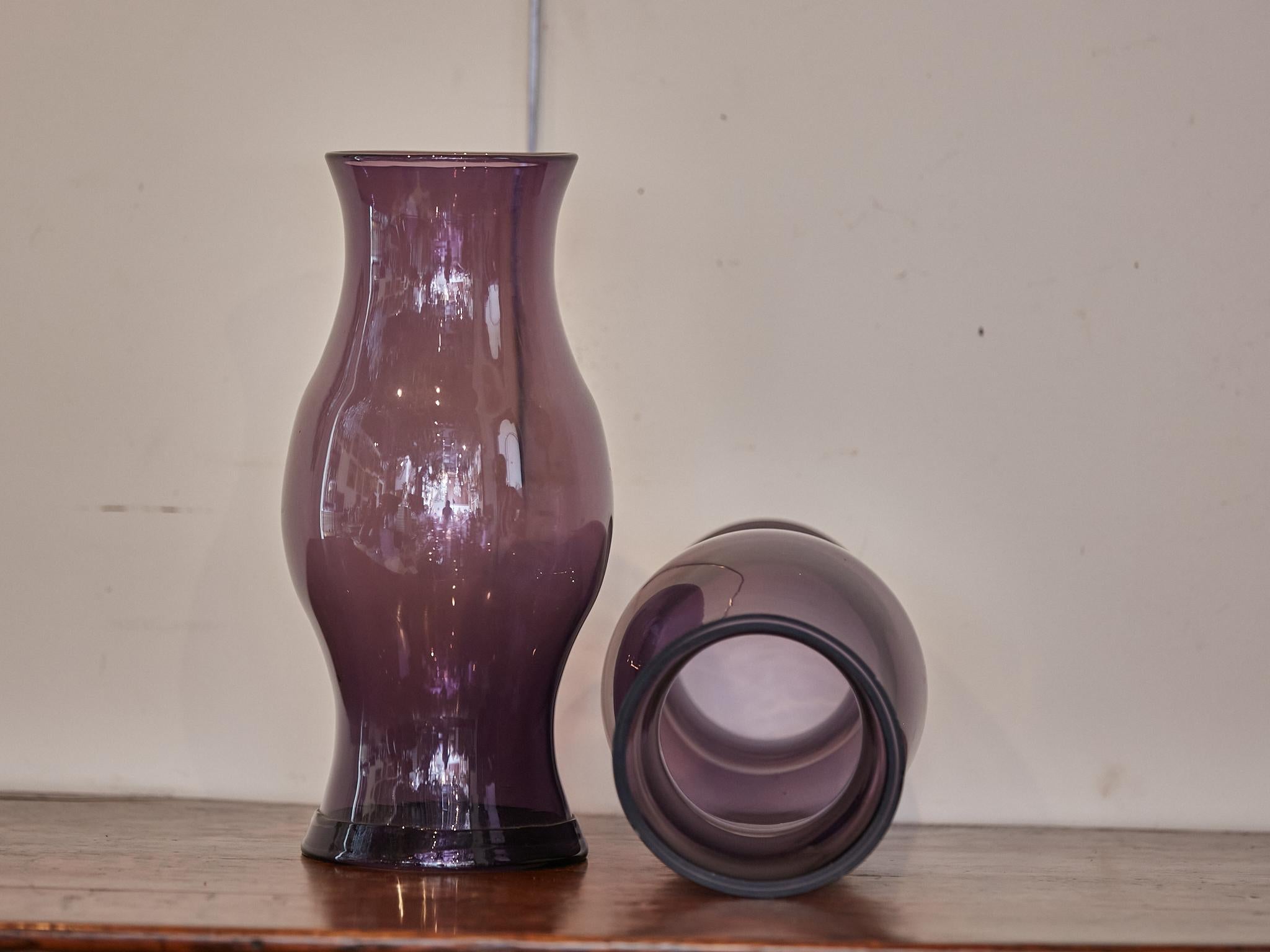 20th Century Midcentury Amethyst Color Hurricane Lamp Glass Shades, a Pair For Sale