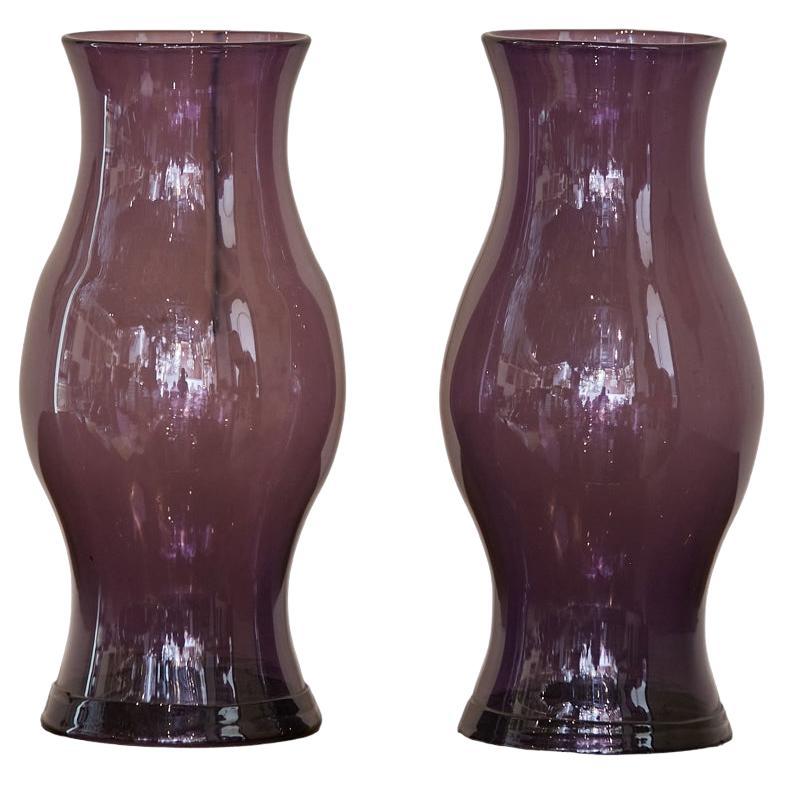 Midcentury Amethyst Color Hurricane Lamp Glass Shades, a Pair For Sale
