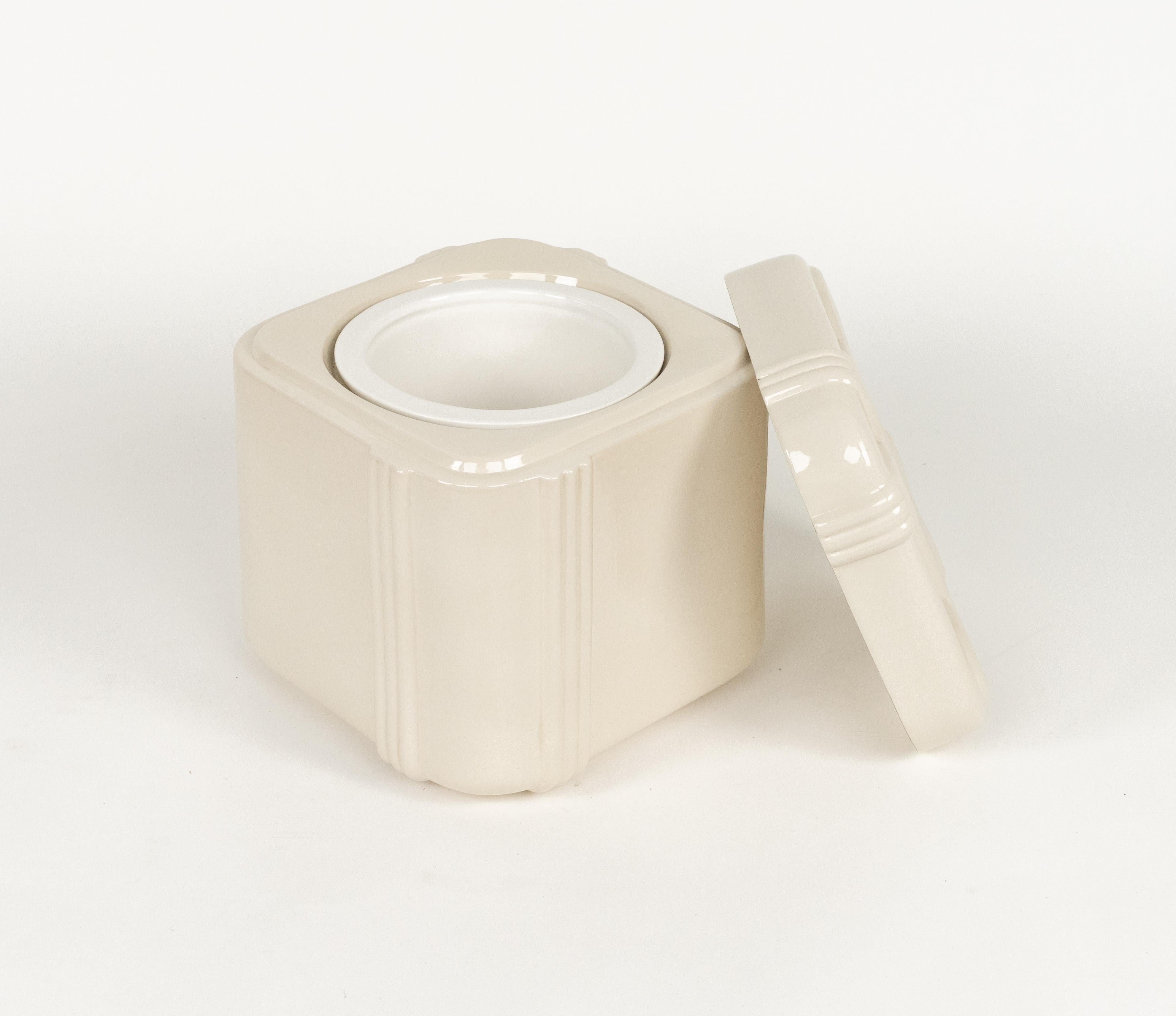 Late 20th Century Midcentury Ice Bucket in Ceramic and Brass by Tommaso Barbi, Italy 1970s For Sale