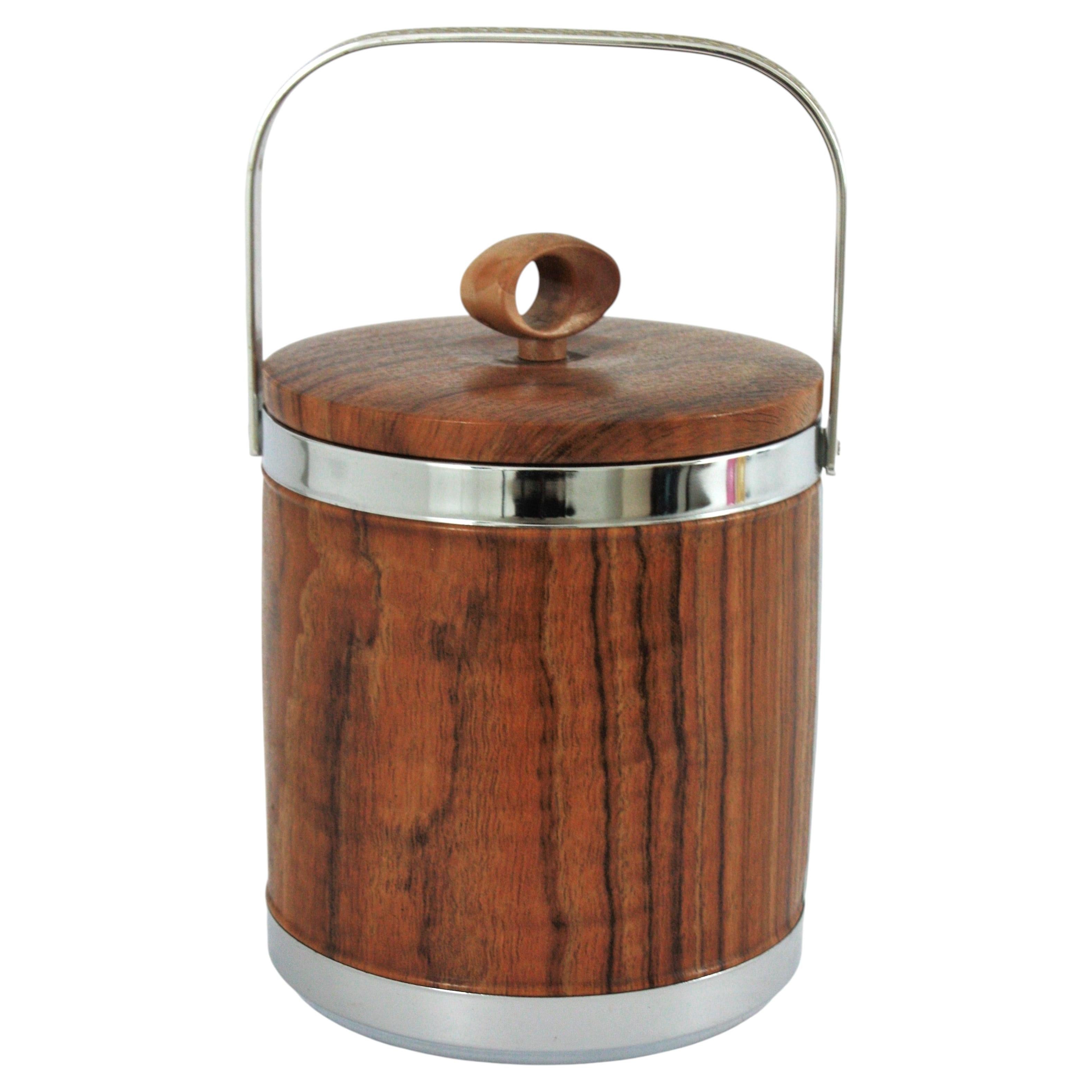 Midcentury Ice Bucket in Faux Bois and Silvered Metal