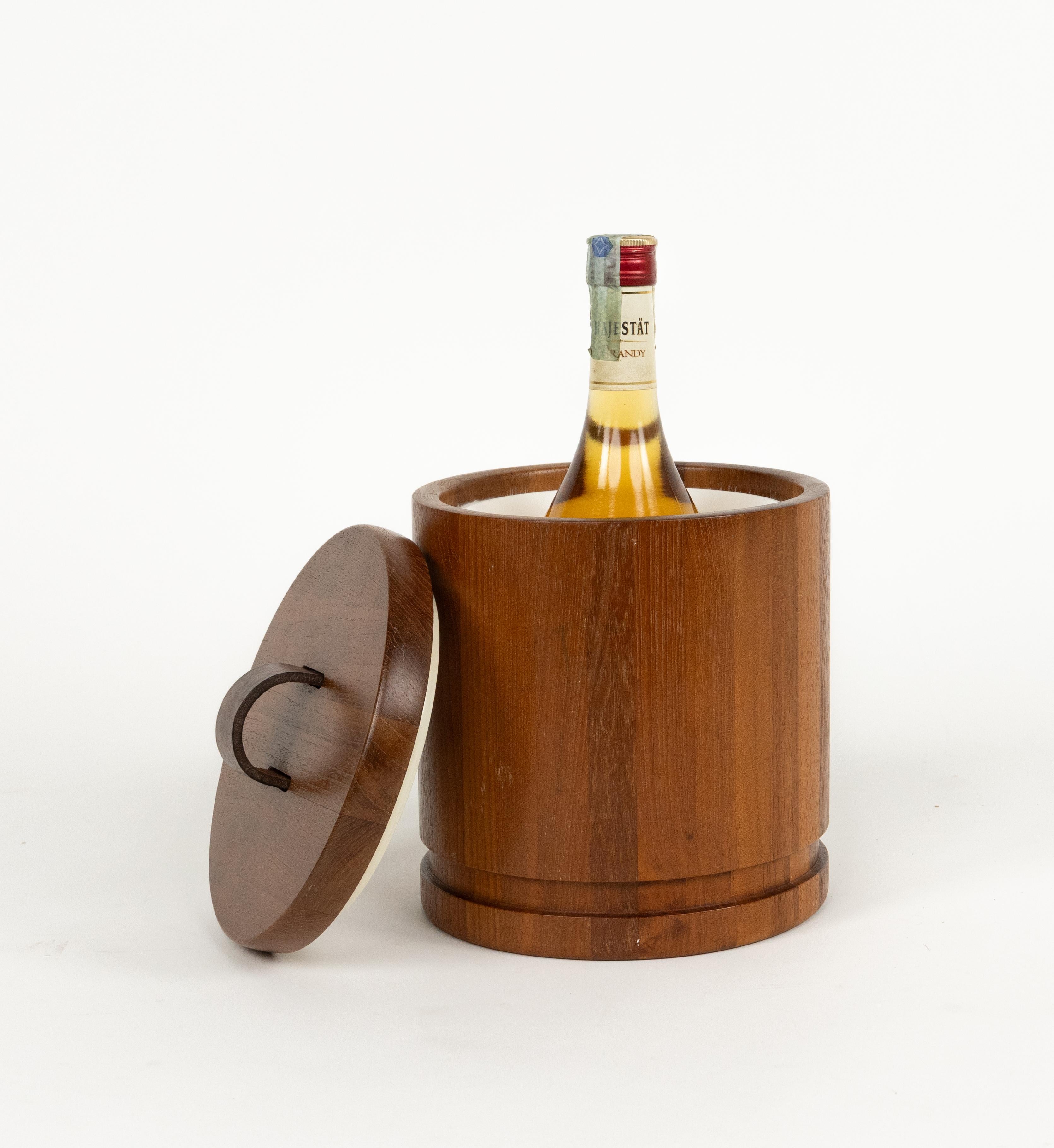 Midcentury Ice Bucket in Wood and Leather by Luthje, Denmark 1960s For Sale 7
