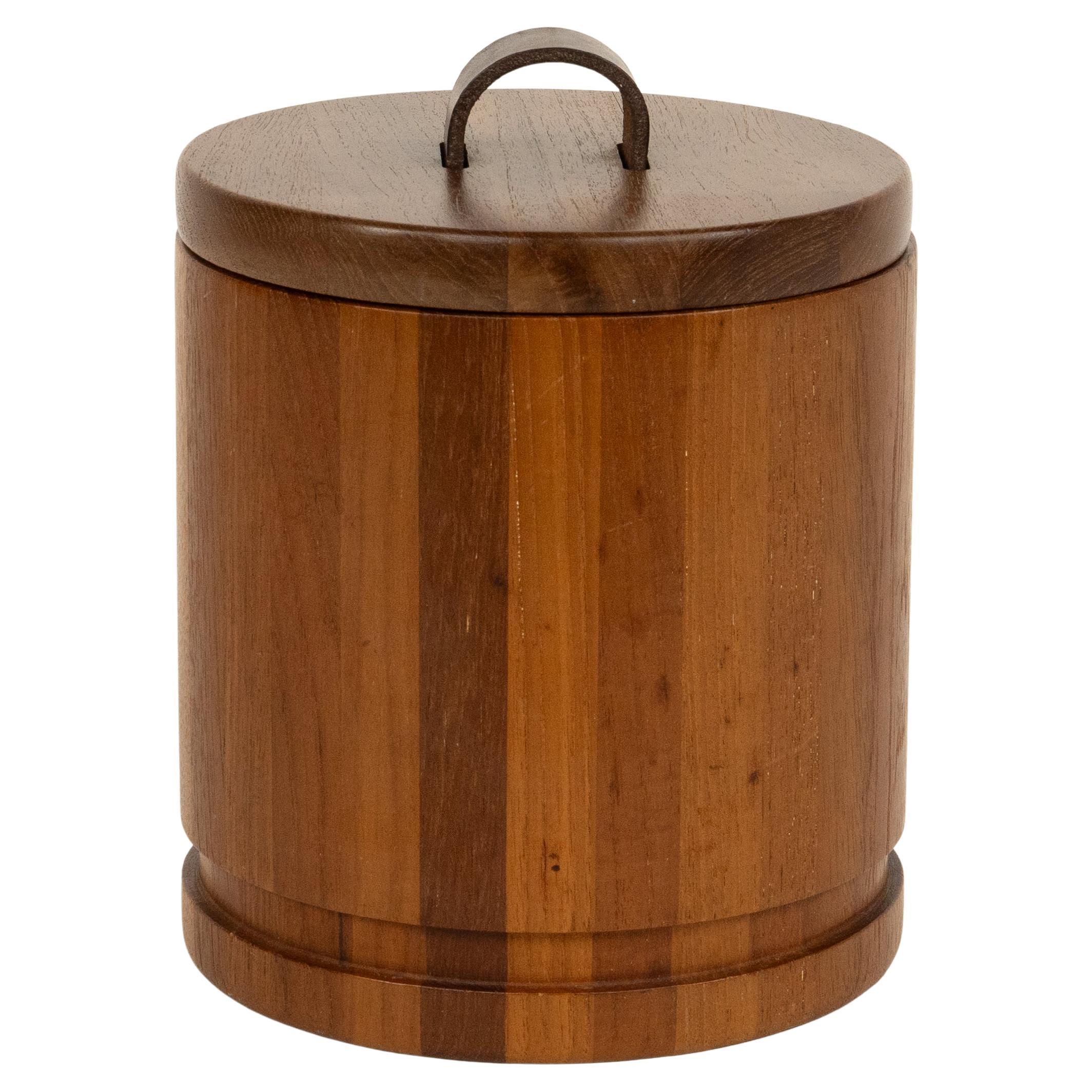 Midcentury Ice Bucket in Wood and Leather by Luthje, Denmark 1960s For Sale