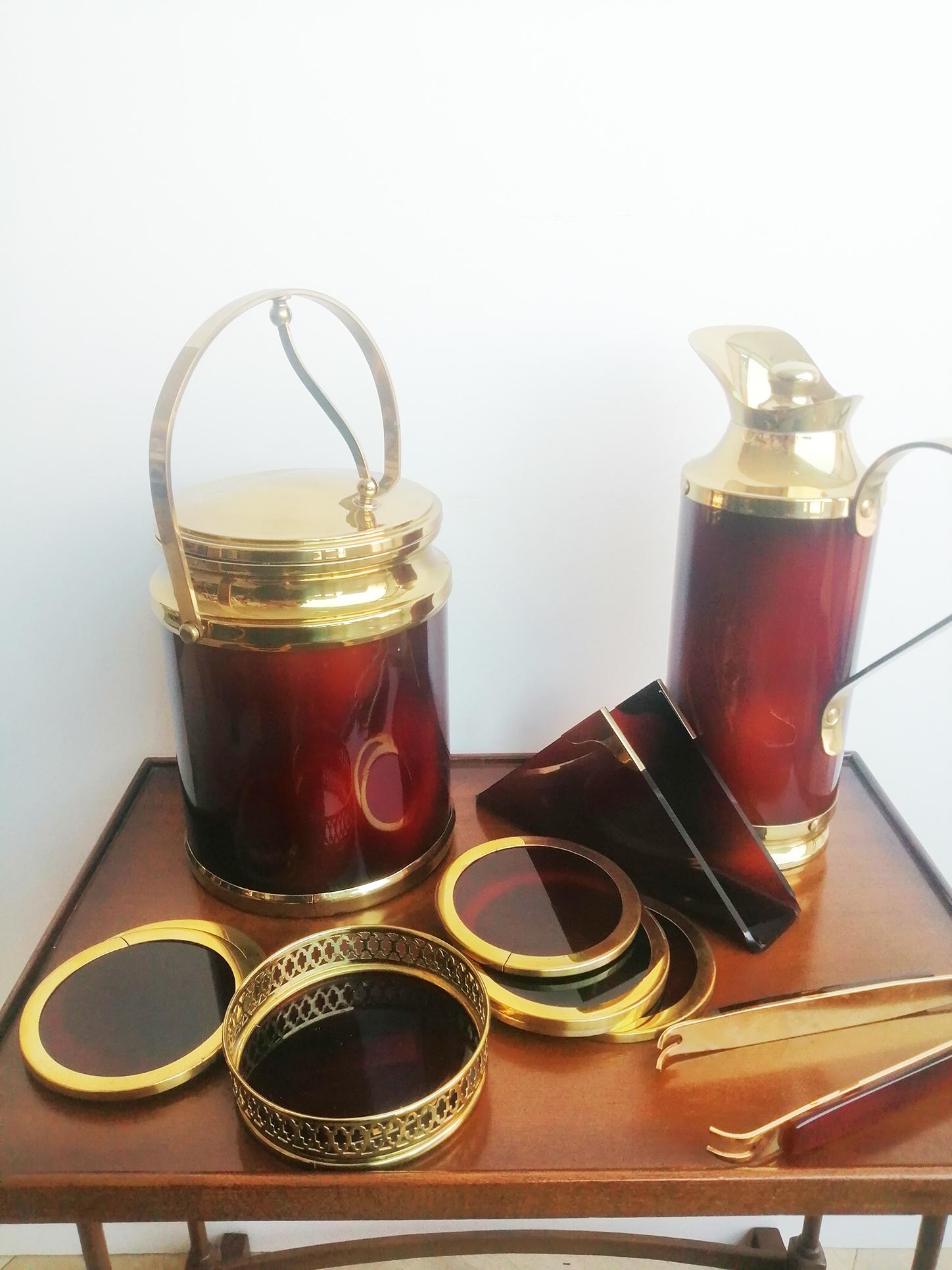 Midcentury Ice Bucket, Napkin Holder, Thermos and Coaster  & Tray Lucite In Excellent Condition In Mombuey, Zamora