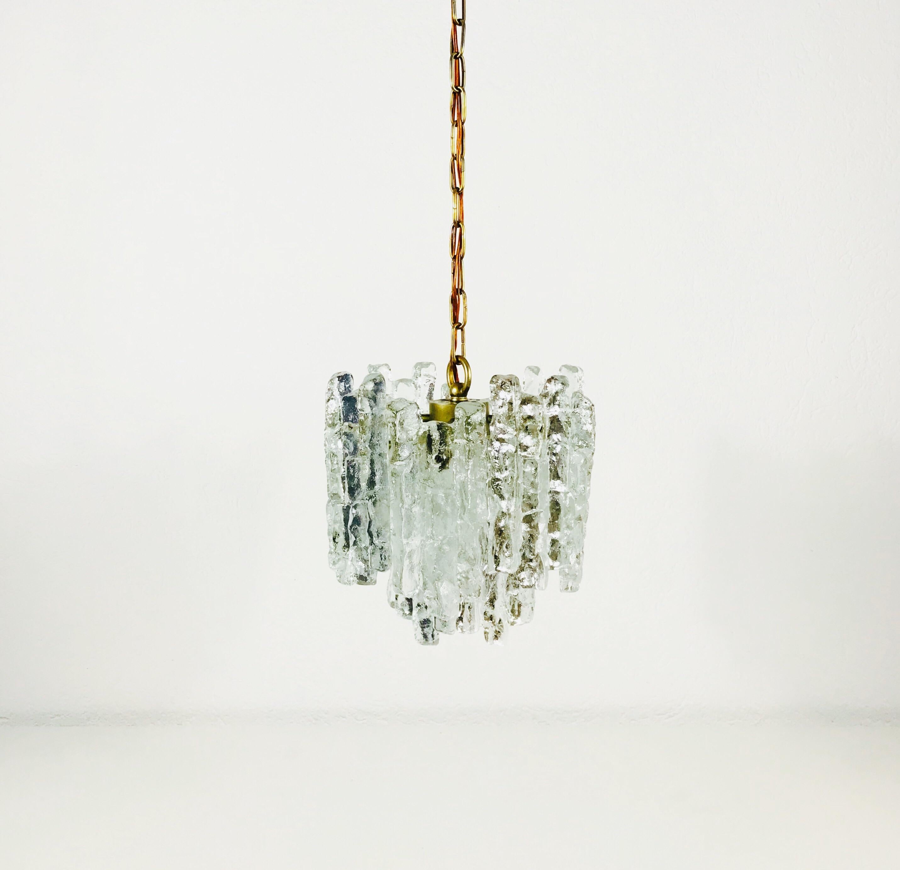 Brass Midcentury Ice Crystal Glass Pendant Light or Chandelier by Kalmar, circa 1960s For Sale