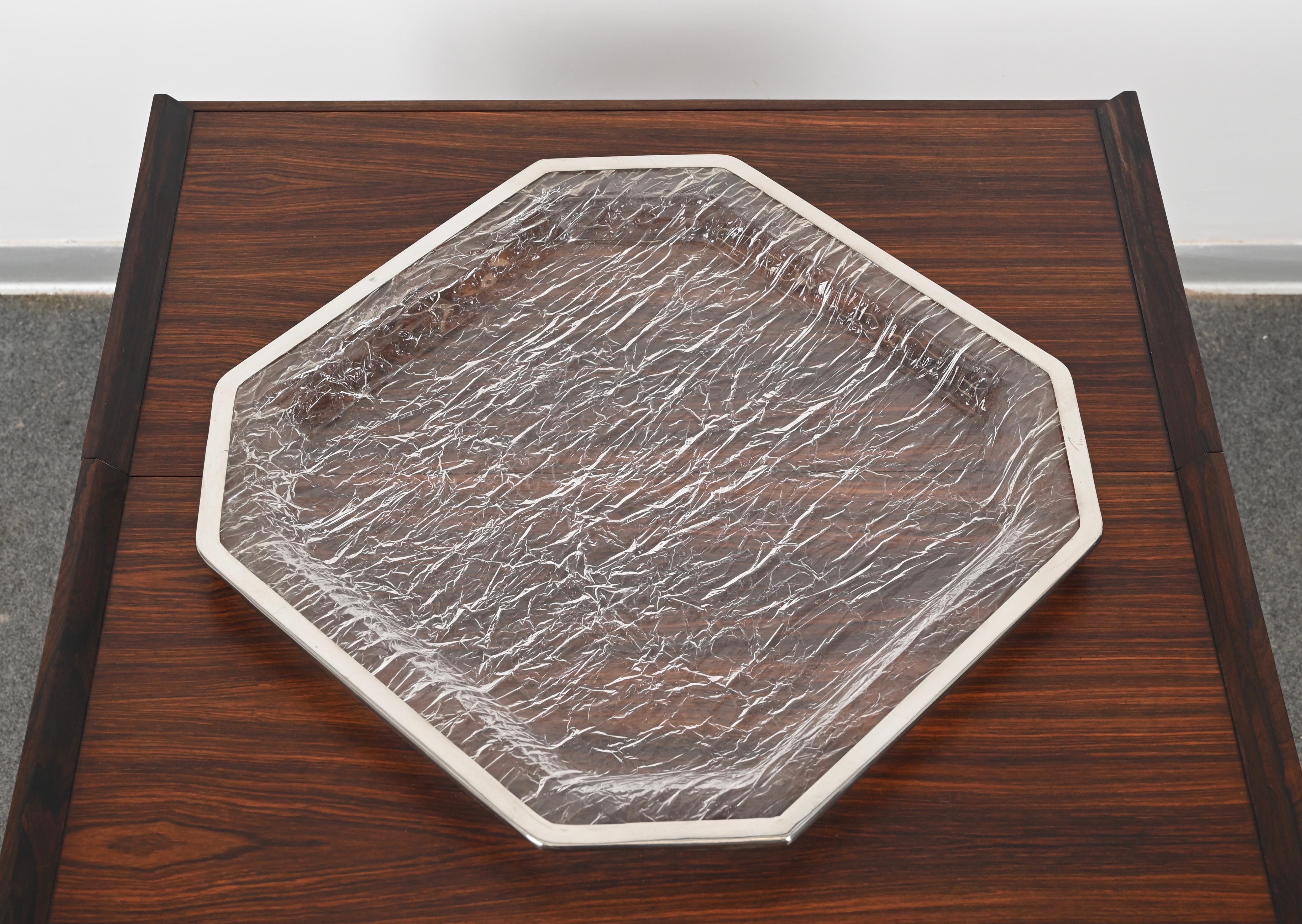 Metal Midcentury Ice Effect Lucite and Chrome Italian Tray, Willy Rizzo Style, 1970s For Sale