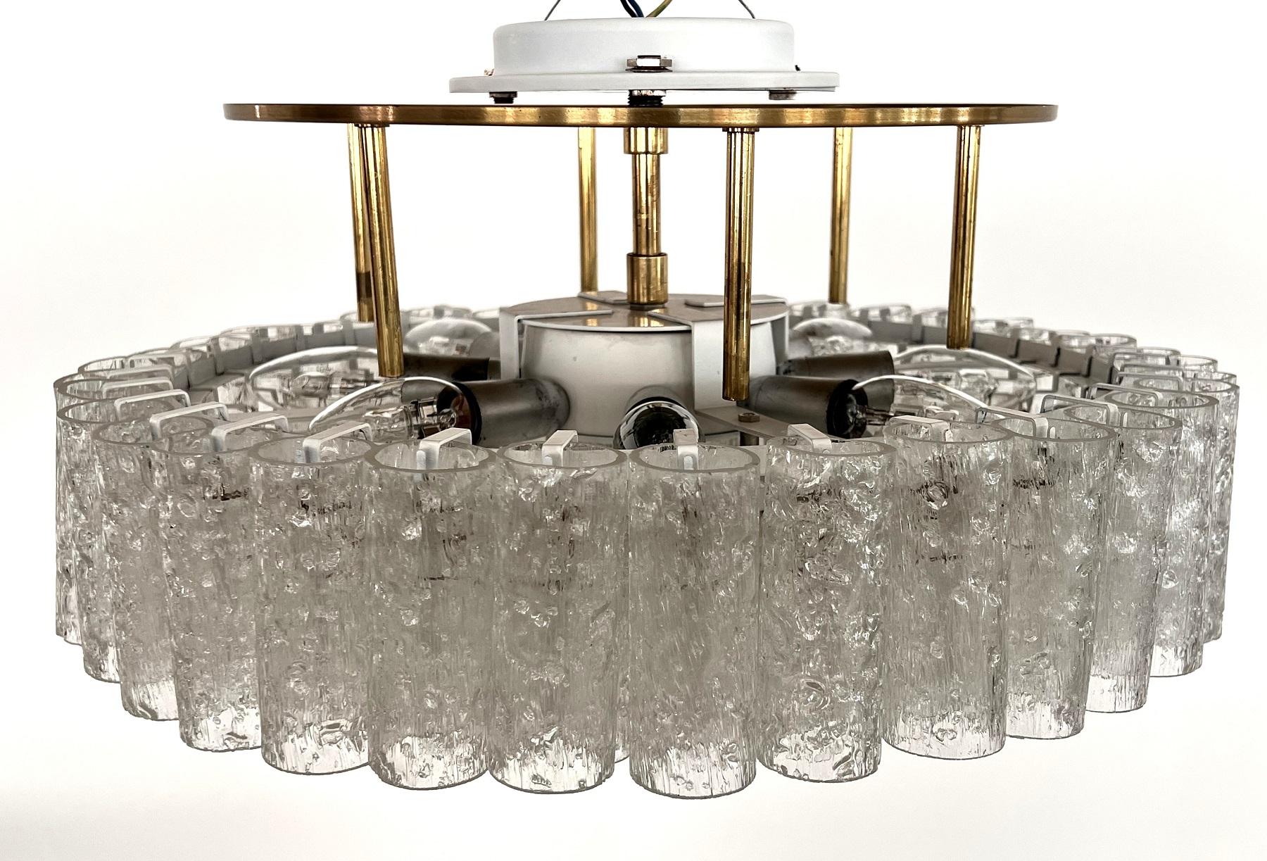 Midcentury Ice Glass and Brass Flush Mount Chandelier by Doria Germany, 1970s For Sale 3